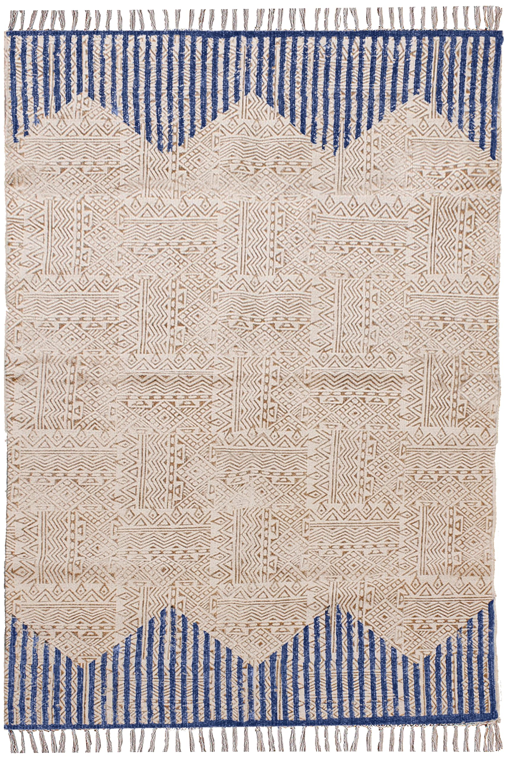 Tapis kilim bleu et beige 122x182 cm en coton lavable Dhurrie tissage plat