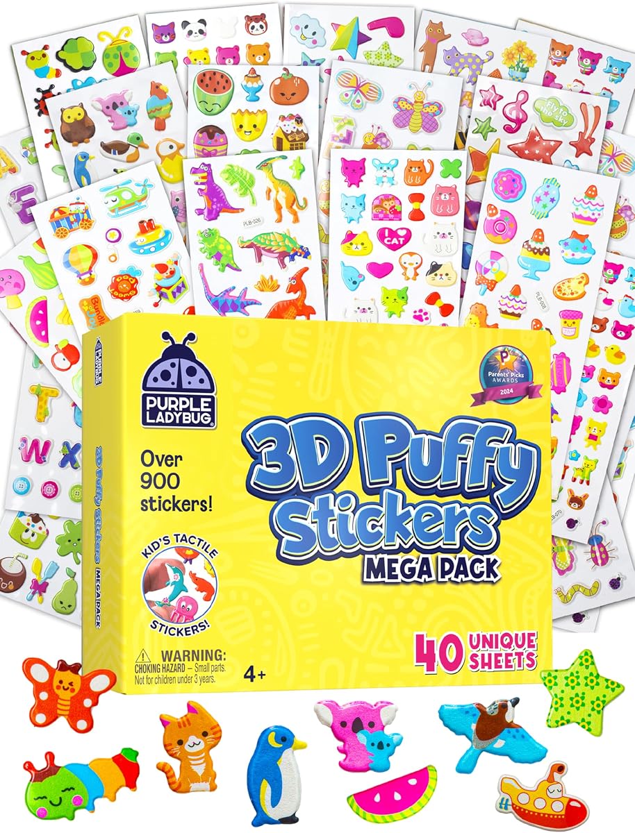 Pegatinas hinchadas 3D para niños, 40 hojas, más de 950 | Pegatinas adhesivas reutilizables y que no ensucian para tablas de recompensas, álbumes de recortes y manualidades, actividades de viaje y elementos esenciales para viajes por carretera