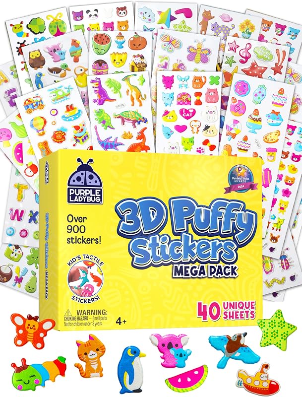 Pegatinas hinchadas 3D para niños, 40 hojas, más de 950 | Pegatinas adhesivas reutilizables y que no ensucian para tablas de recompensas, álbumes de recortes y manualidades, actividades de viaje y elementos esenciales para viajes por carretera