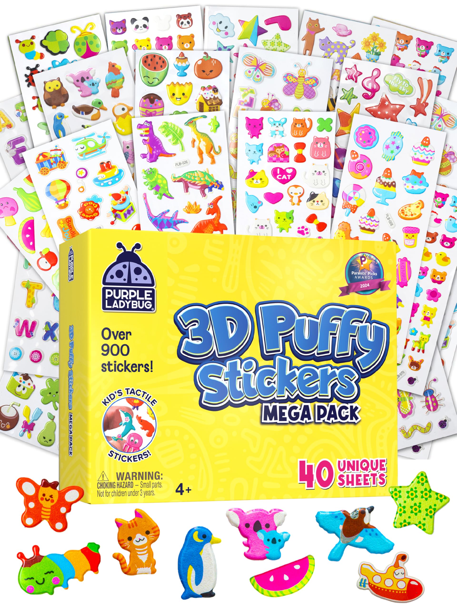 PURPLE LADYBUG 900+ PCS Assorted 3D Stickers for Kids - 40 Sheets of Fun Craft and Reward Stickers Featuring Stars, Animals, Cars & More - Travel Activity & Scrapbooking
