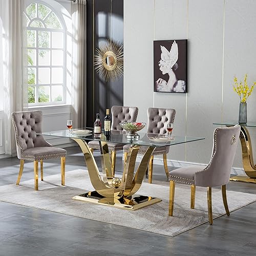 Miniatura 23 de Juego de mesa de comedor de cristal dorado moderno de 70 pulgadas para 6, juego de mesa rectangular de comedor de cocina de 7 piezas con base de