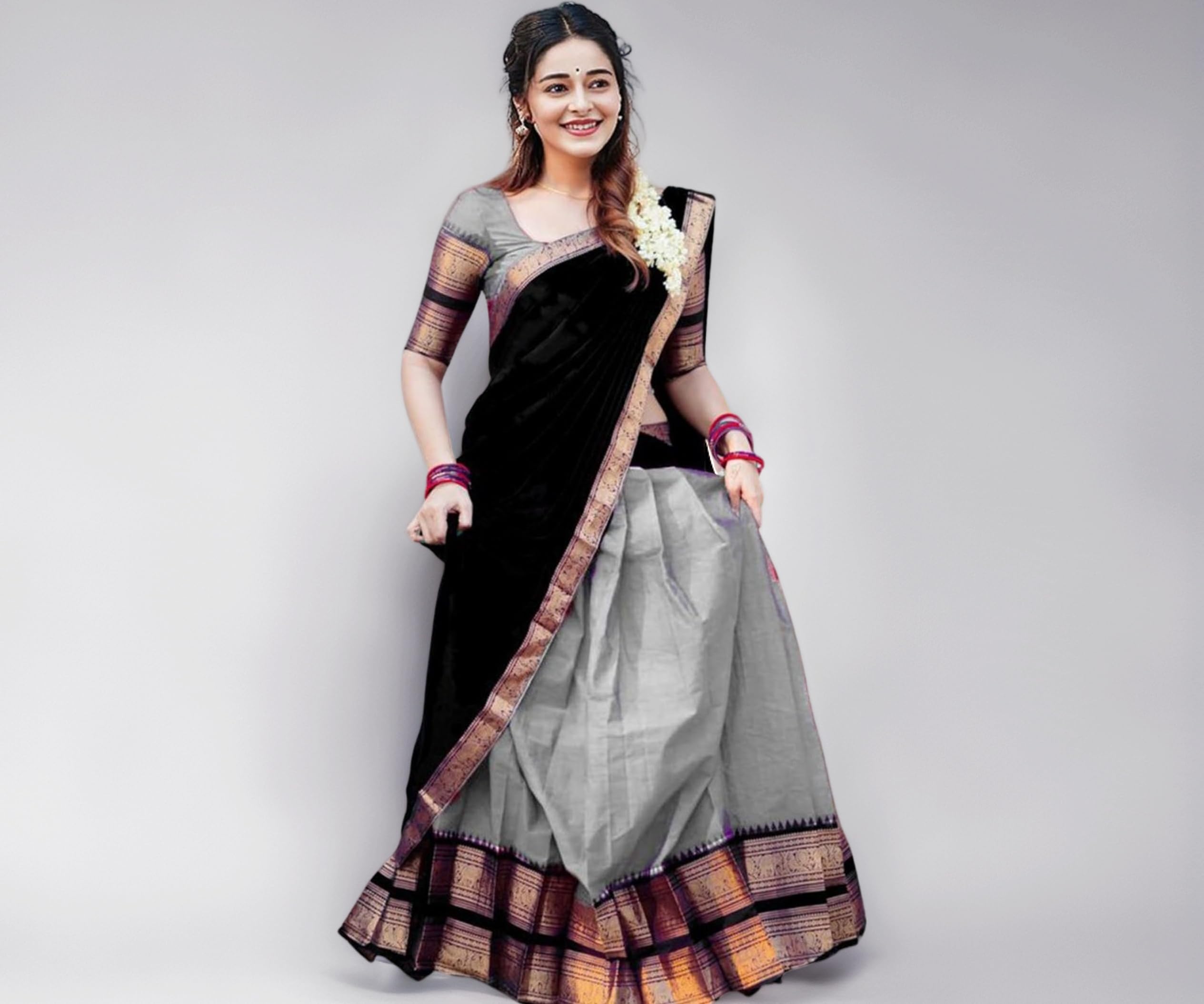 RENVAANI Women's Traditional Kanjivaram Kanchipuram Silk Zari Weaving Unstitched Lehenga Choli with Dupatta (Off White)