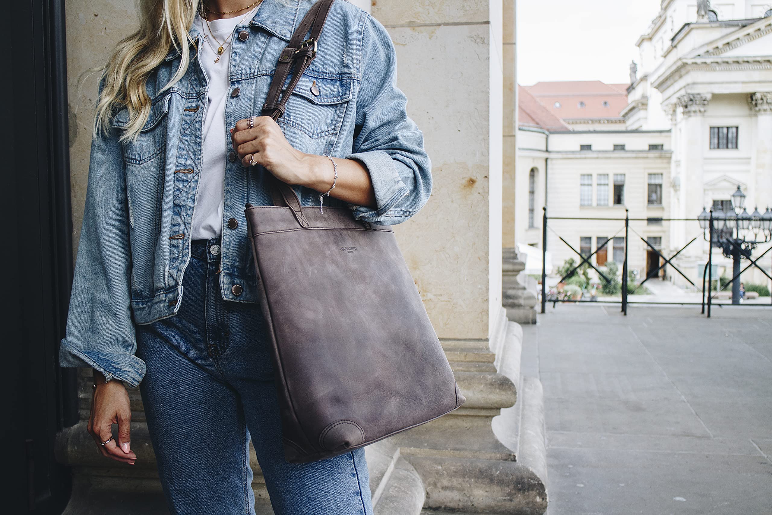 HOLZRICHTER Berlin - Shopper aus Leder No 1-1, Schultertasche 36x35x10cm, Echtleder Einkaufstasche für Damen in Braun, Dunkelbraun
