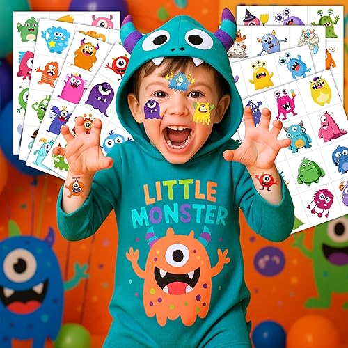 Miniatura 2 de 96 tatuajes temporales precortados de monstruo para niños, suministros para fiestas de cumpleaños de pequeños monstruos, calcomanías divertidas para