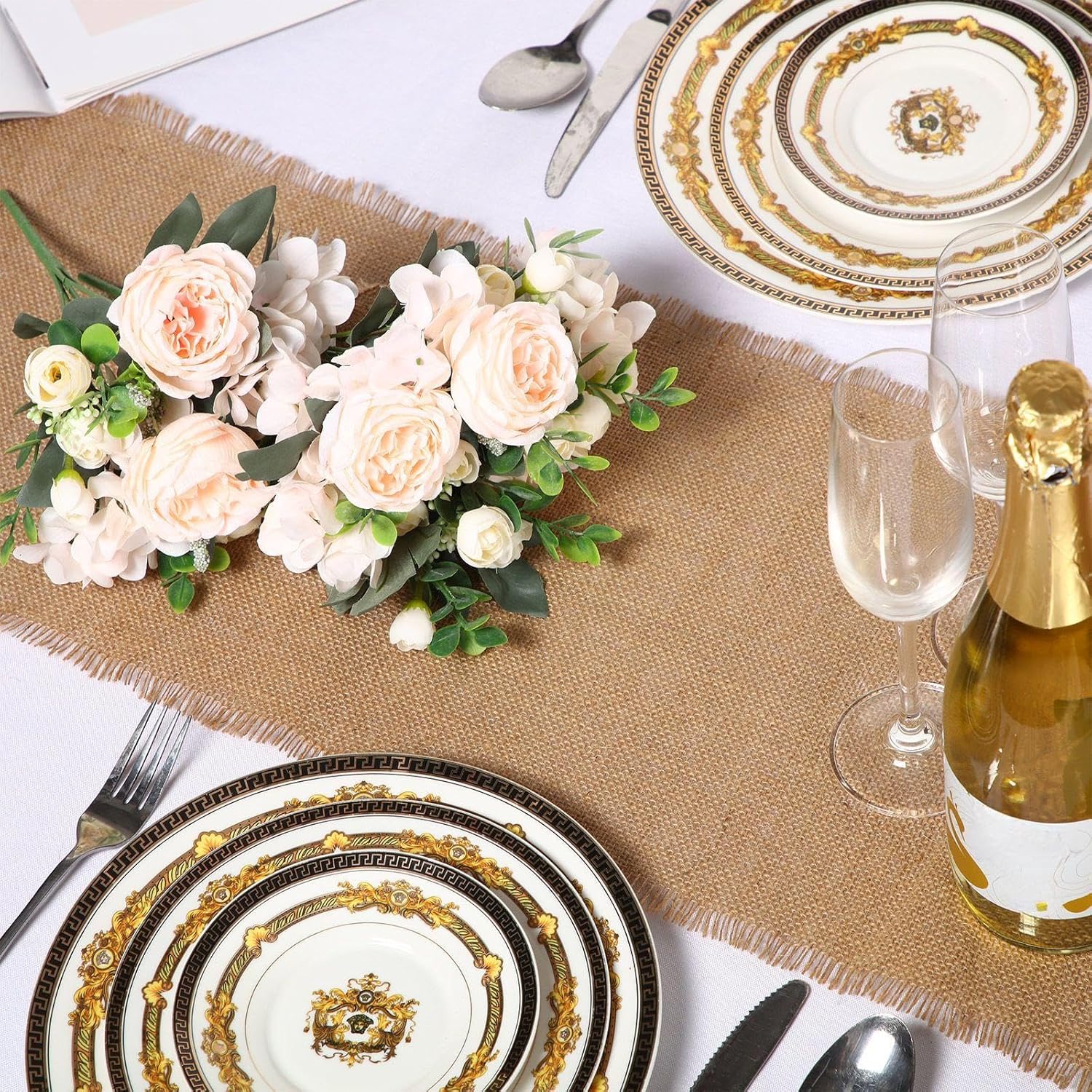 15 Pack Burlap Table Runners Bulk 12 x 71 Inch Rustic Jute Tablerunner Khaki Farmhouse Country Burlap Runners for Wedding Banquet Birthday Holiday Party Kitchen Dining Table Decorations(Tassel)