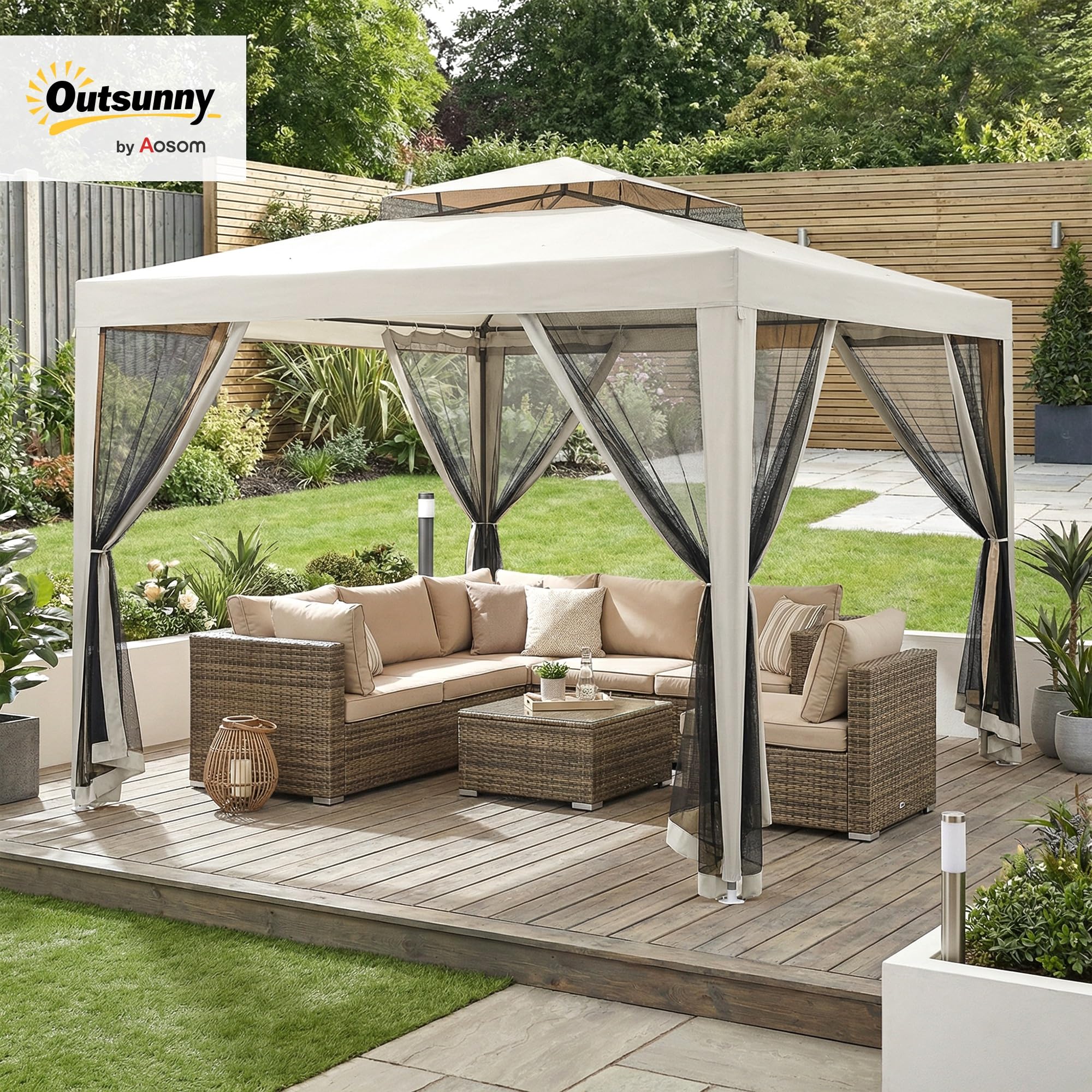 Outsunny Carpa de Jardín 3x3 m Cenador con 4 Mosquiteras Laterales con Cremallera Techo de Ventilación y 8 Orificios de Drenaje Gazebo para Terraza Patio Exterior Beige
