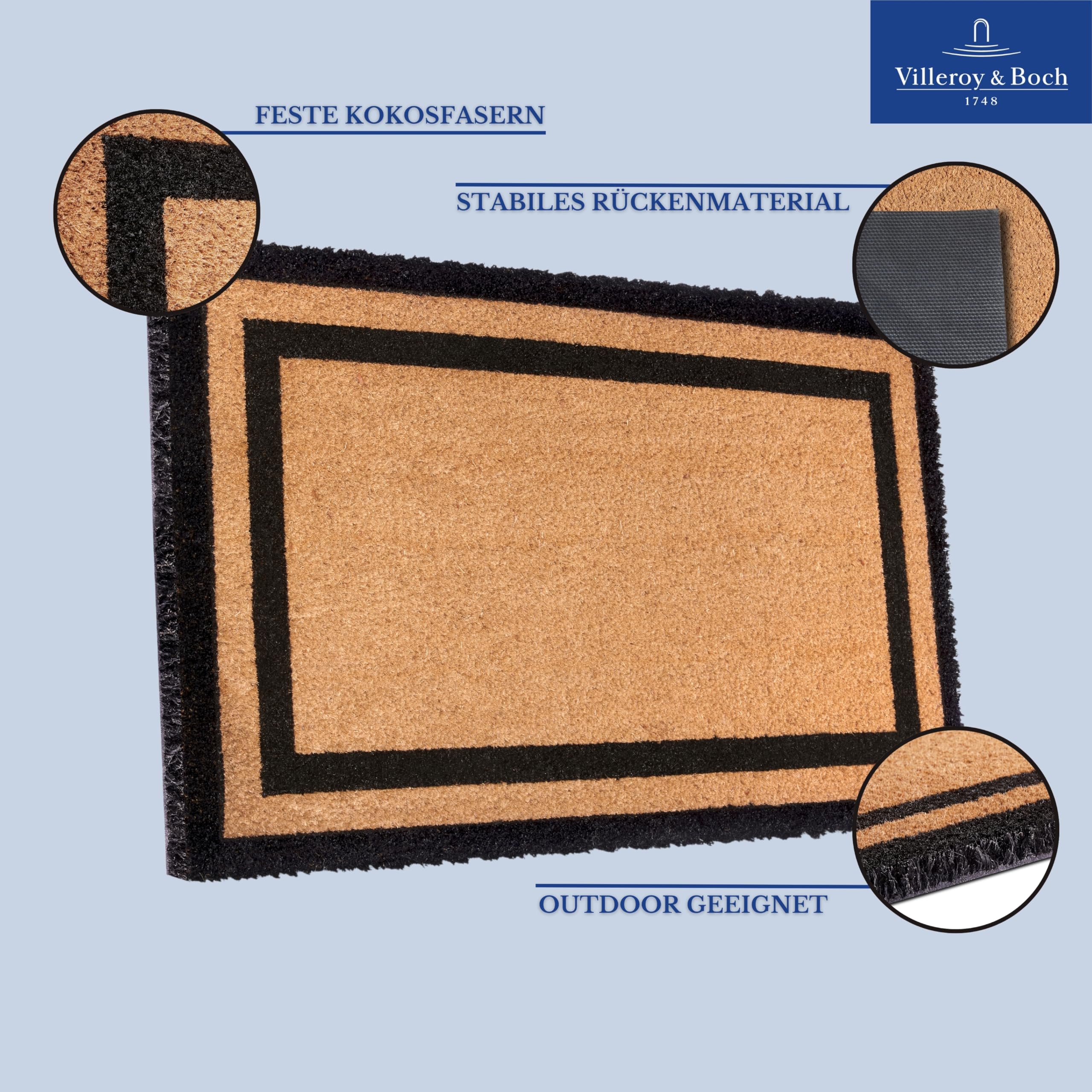 Villeroy & Boch 1856 Kokos Fußmatte für Innen und geschützen Außenbereich - rutschfeste Schmutzfangmatte Natur, Kokosmatte Outdoor Rahmen, Wetterfest für Flur, Terrasse, Eingangsbereich - 50x80cm