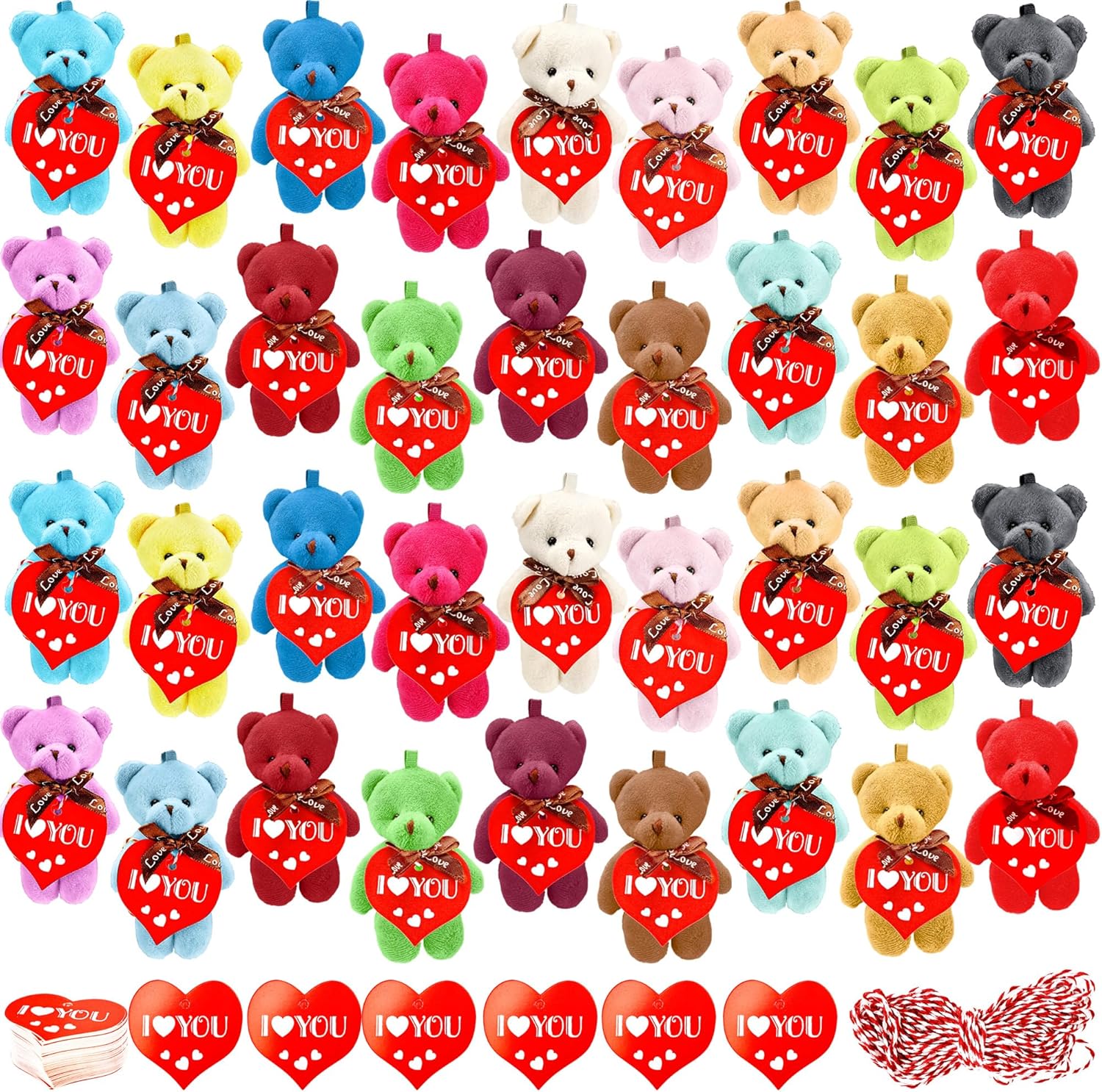 36 Pack 4.7 Inch Mini Plush Teddy Bear Small Bear Stuffed Animal Toys with 50 Pcs Heart Gift Cards for Valentine Wedding Birthday Party Favors