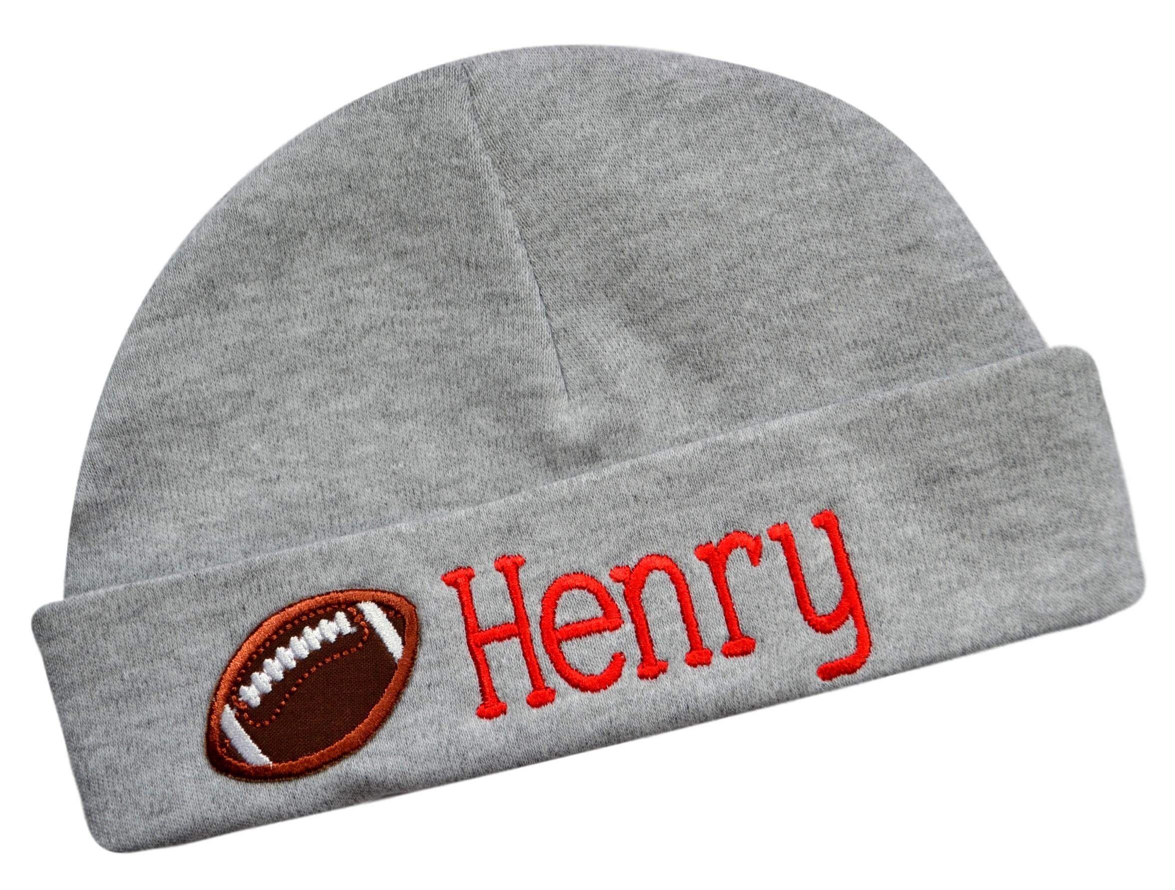 Embroidered Baby BOY Football Hat Personalized Keepsake Custom Infant Hat with Name (Gray Hat)