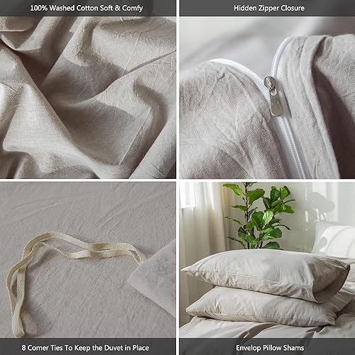 Miniatura 12 de MooMee - Juego de funda de edredón, 100% algodón lavado, textura parecida al lino, transpirable, duradero, suave y cómodo (gris pardo, King)