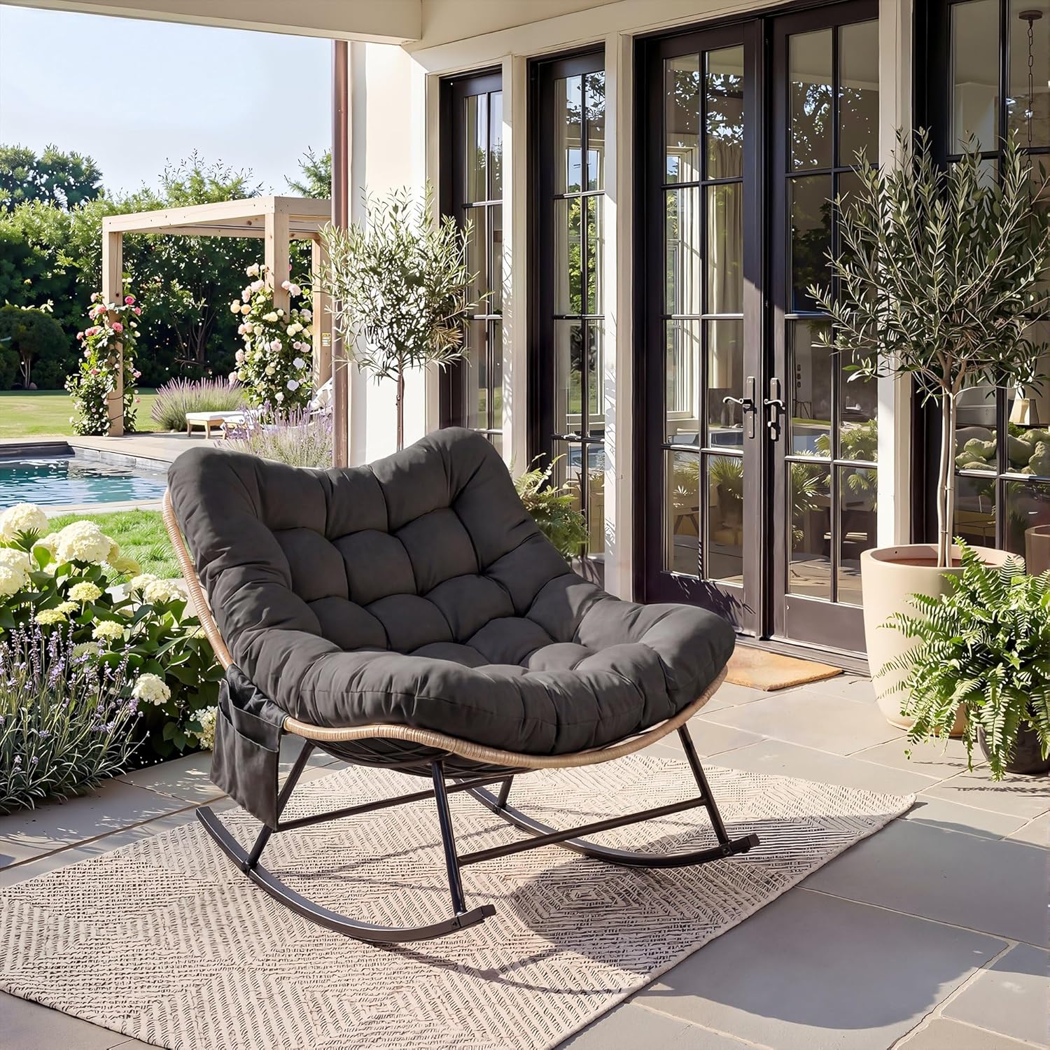 Outdoor Rocking Chair with Thick Cushion – Indoor/Outdoor Lounge Chair, Water-Resistant Fabric, Heavy-Duty Metal Frame, Supports Up to 450 Lbs, for Patio, Garden, Living Room Black