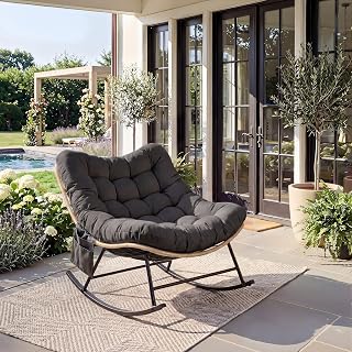 Outdoor Rocking Chair with Thick Cushion – Indoor/Outdoor Lounge Chair, Water-Resistant Fabric, Heavy-Duty Metal Frame, Supports Up to 450 Lbs, for Patio, Garden, Living Room Black