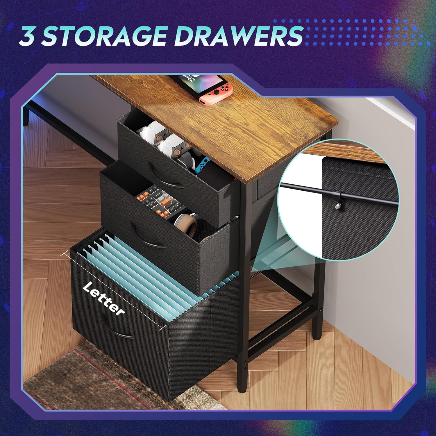 Close-up of three fabric storage drawers, with the bottom drawer holding file cartelle