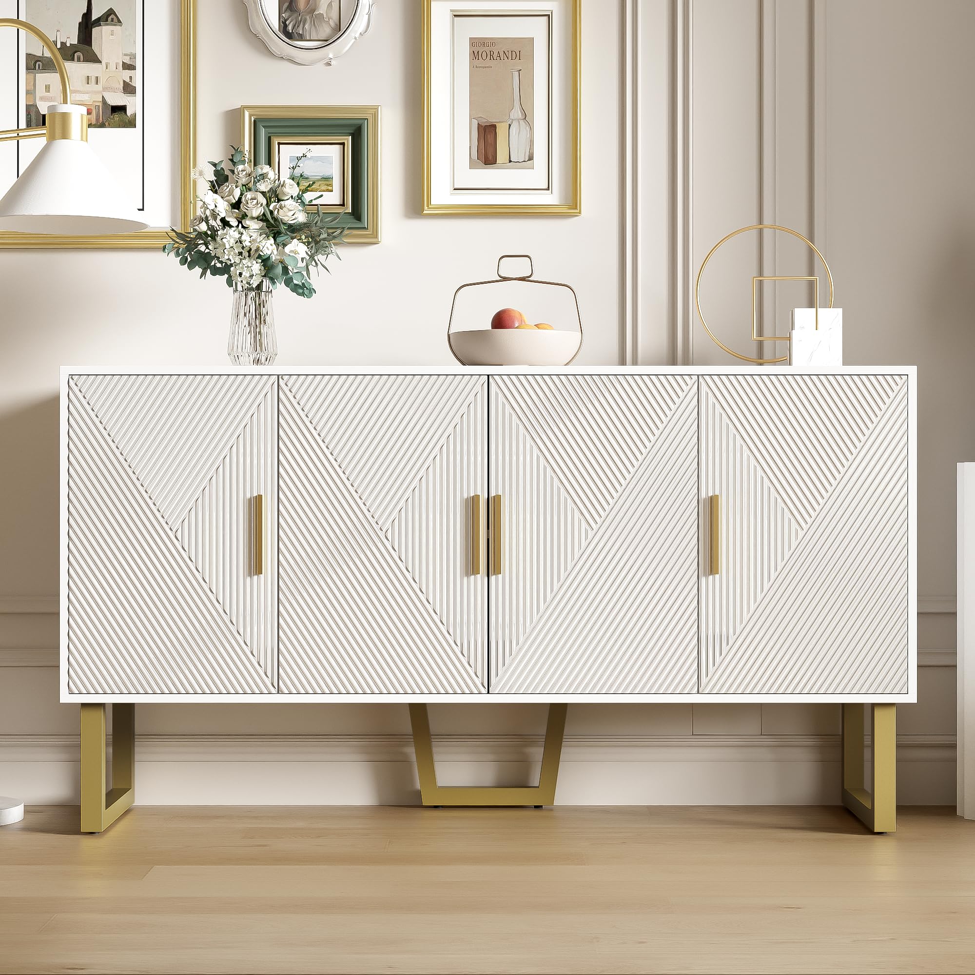 Credenza Moderna Bianca 150 Cm Con Ante E Maniglie Dorate - Buffet Lussuoso, Ripiani Regolabili - Foto 8