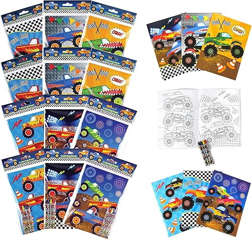 TINYMILLS - Juego de libros para colorear con 12 libros para colorear y 48 crayones Monster Truck suministros para fiesta de cumpleaños, relleno de