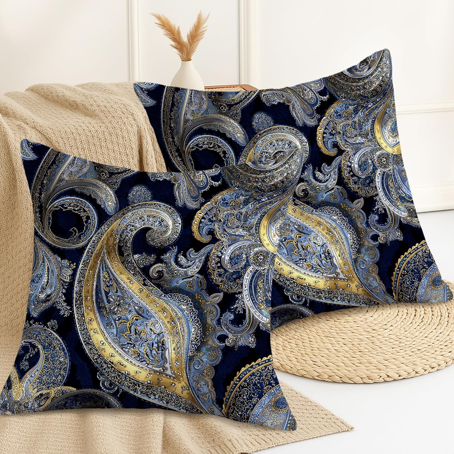 Elegant Throw Pillow Covers Set of 2, Navy Blue Paisley Design Cushion Cases, Decorative Square Accents Covers for Living Room Sofa Bed 26x26 Inch