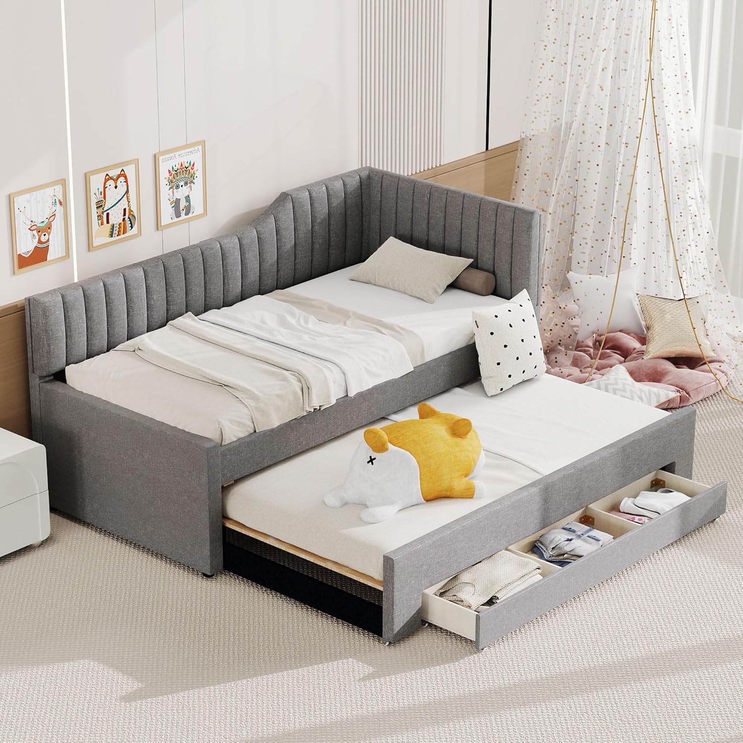 Twin Size Daybed with Trundle and Storage Drawers, Linen Upholstered Soft Corner Bed with L-Shaped Headboard for Kids Boys Girls, Grey