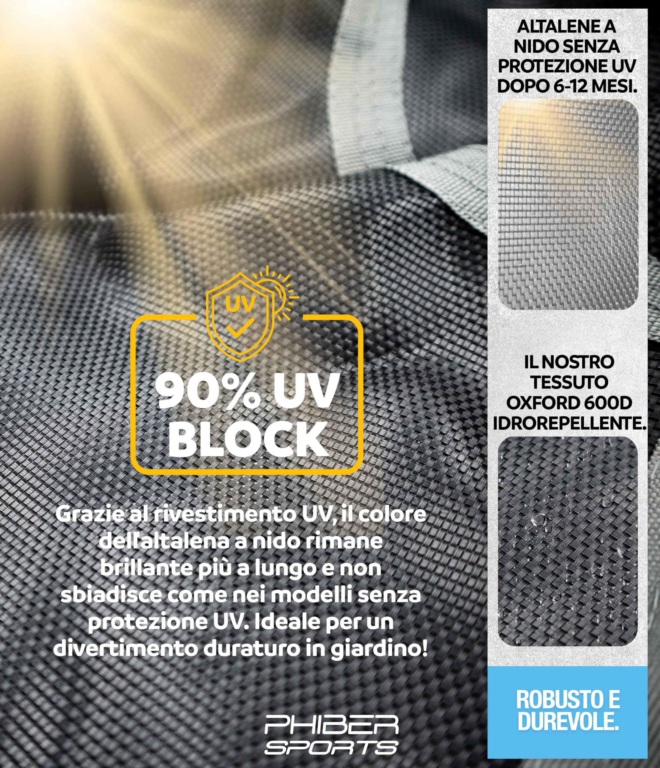 PHIBER-SPORTS Altalena a Nido d'Ape per Esterno per Bambini - Ø 100 cm - Con Cuscini + Maniglioni + Altezza Regolabile - Resistente agli Agenti Atmosferici e Durevole - Altalena a Piatto in Rete