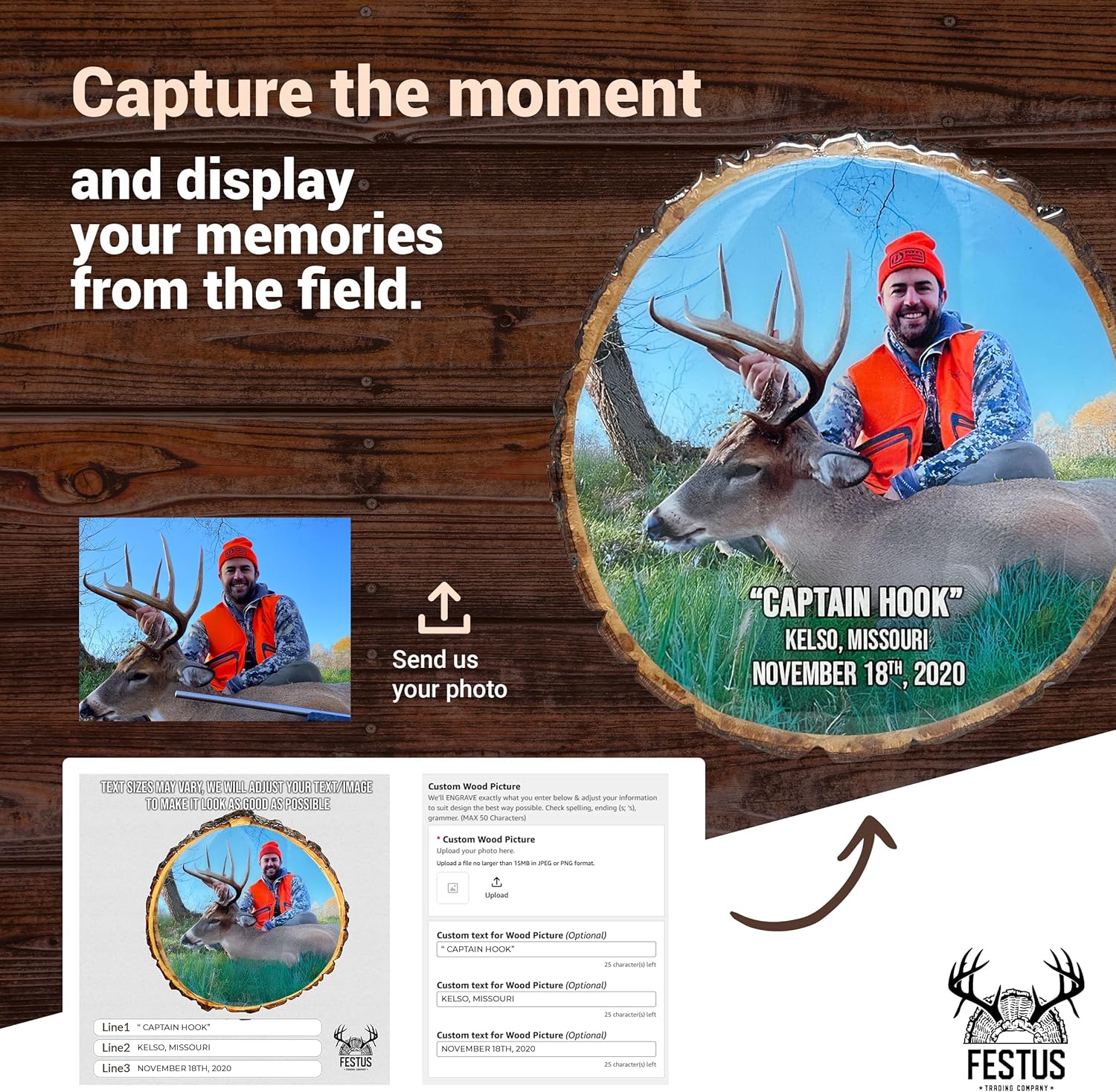 Festus Trading Company Epoxy Resin Hunting Photo Wall Plaque – Custom Wood Print, Rustic Wall Art, Personalized Color Prints with Your Photos, Deer Decor, Father’s Day Gifts for Hunters