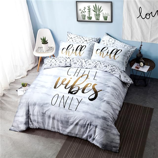 Sleepdown Chill Vibes Only Slogan Waves Soft Easy Care Grey White Diamond Geo Reversible Duvet Cover Quilt Bedding Set with Pillowcase - Single (135cm x 200cm)