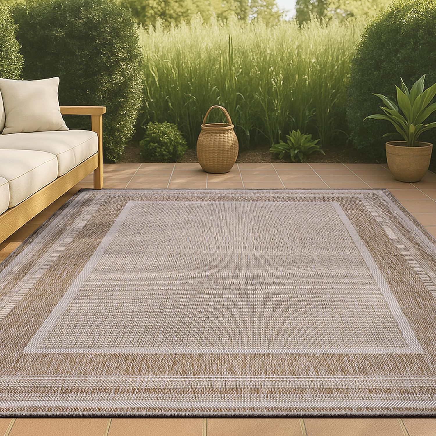 JONATHAN Y Border Stripe Indoor Outdoor Runner Rug 2X8 Beige/Cream, Beckett Classic Casual for Backyard, Patio, Porch, Easy-Cleaning, High Traffic, Pet-Friendly, Non-Shedding (TSN208A-28)
