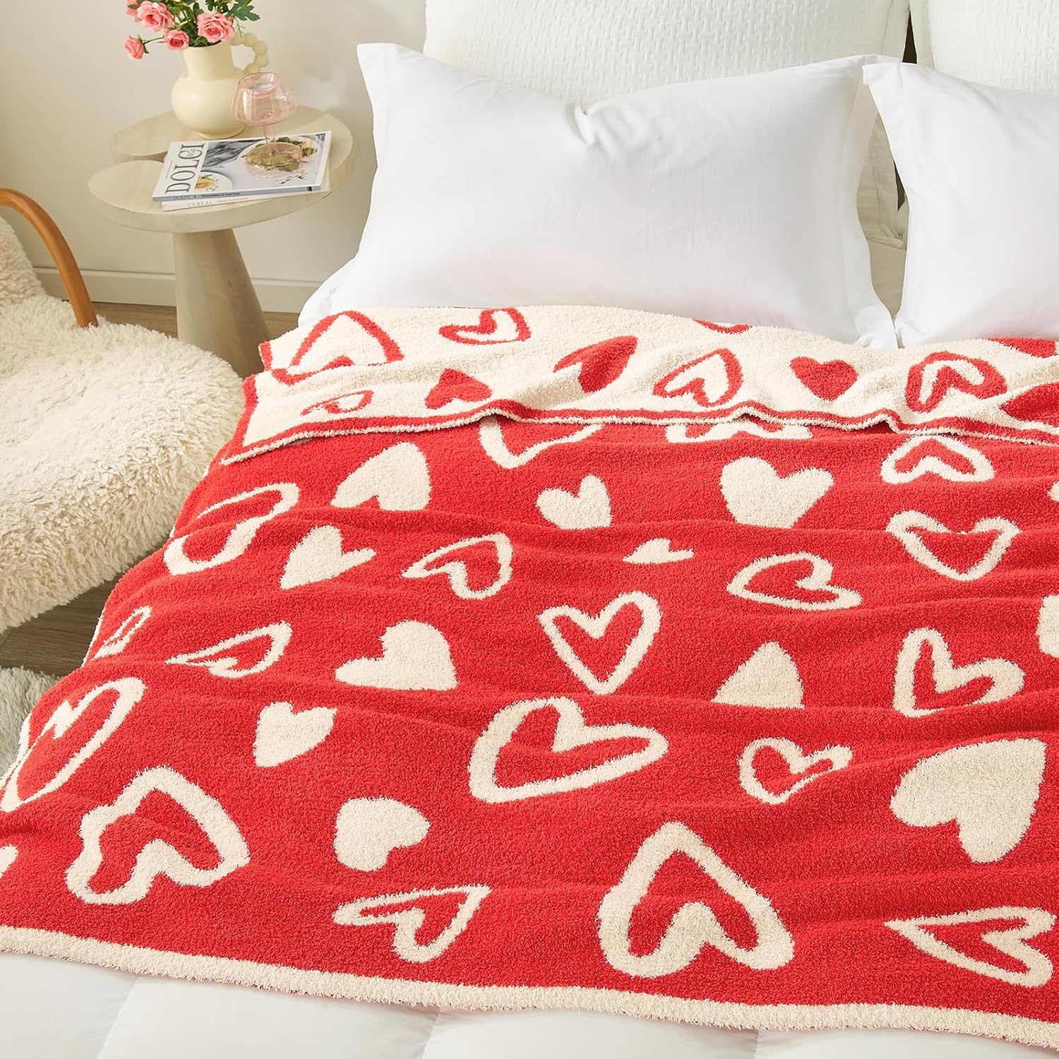 Snuggle Sac Valentines Heart Throw Blanket for Couch, Knitted Super Soft Cozy Blankets Gifts for Her, Microfiber Fuzzy Throws for Couch, Heart Love, 50x60 inches