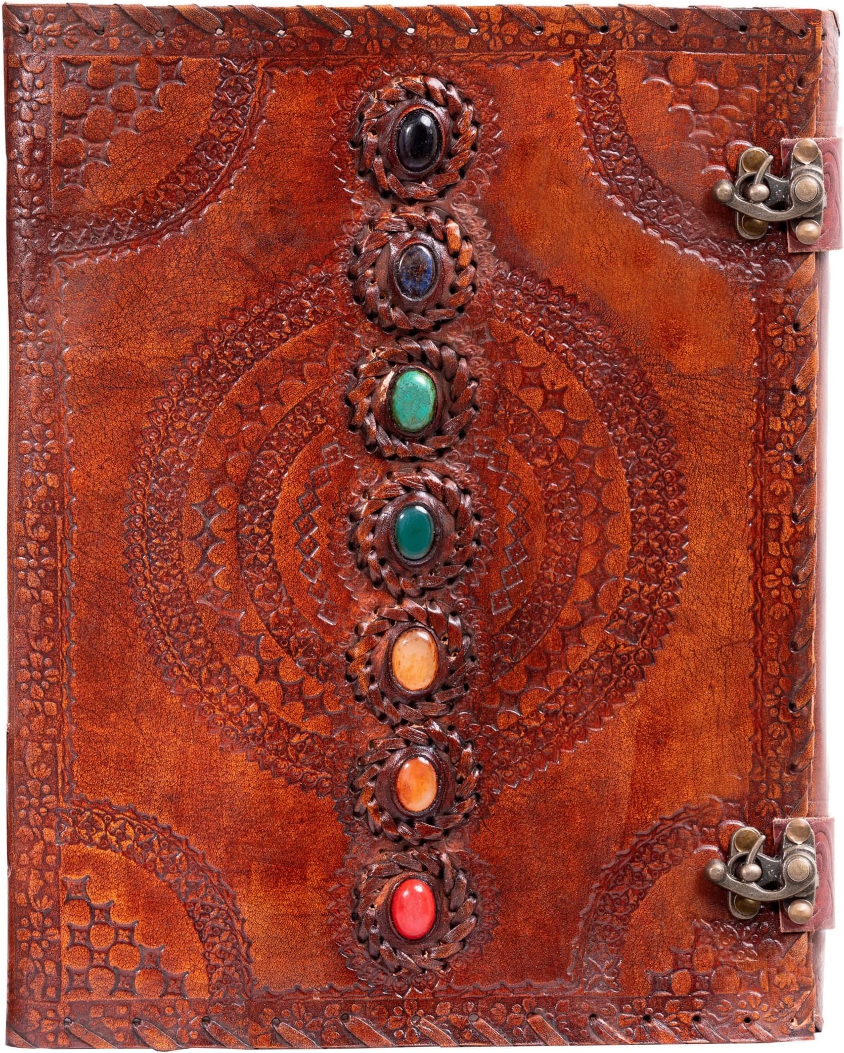 Leather Unlined Bound Journal 13 x 10 inches Large Rustic Diary Seven Chakra Medieval 7-Stone Embossed Handmade Sketchbook Vintage Writing Notepad (200 Pages)