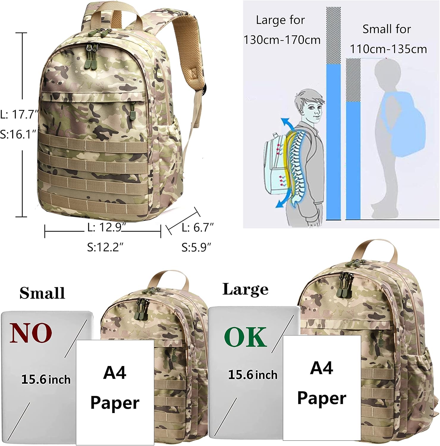 Wraifa Boys Backpack With Lunch Box Waterproof Kids School Bag Outdoor Travel Camping Daypack Camo Backpack for Boys Rucksack (Amy Green With Lunch Box, Large)