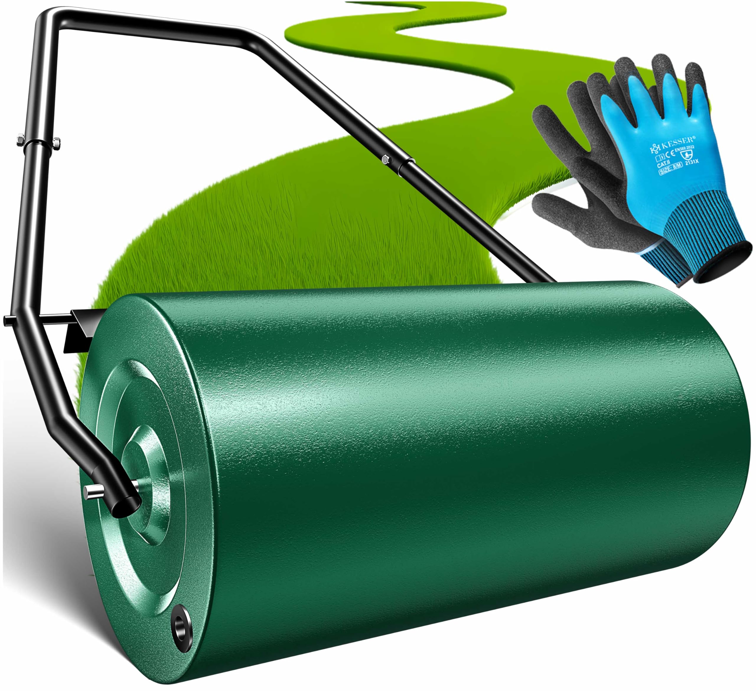 KESSER® Rasenwalze Metall befüllbar mit Wasser oder Sand mit 48 Liter Füllvolumen & 60cm breit | Gartenwalze inklusive Handschuhe | Handwalze Rasenroller Ackerwalze Walze in Grün