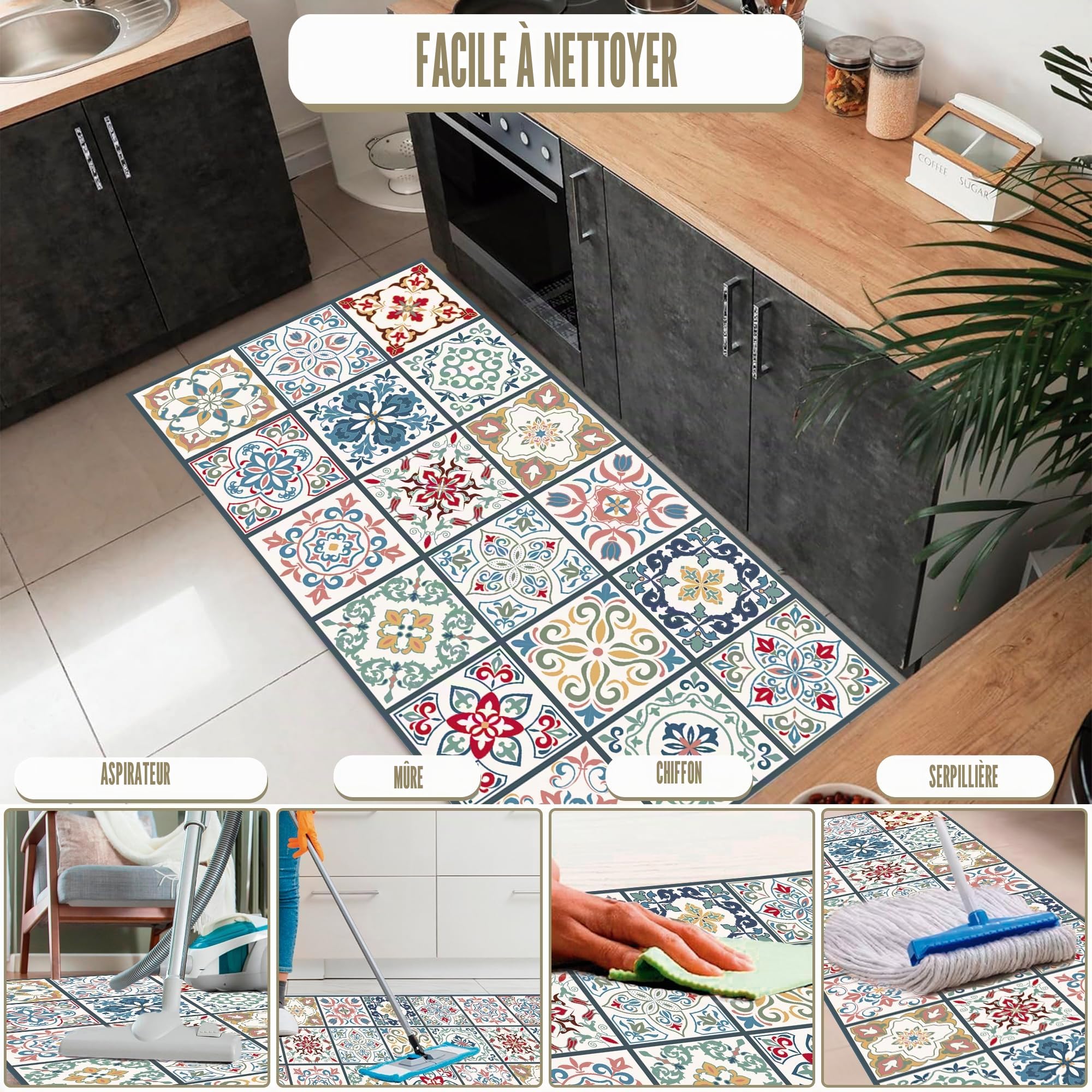 Tapis en Vinyle hydraulique (180 x 60 cm, Toledo) - Différentes Tailles - Tapis de Cuisine, Salon - Antidérapant - Tapis de Chambre - Caoutchouc Moelleux et Sol PVC