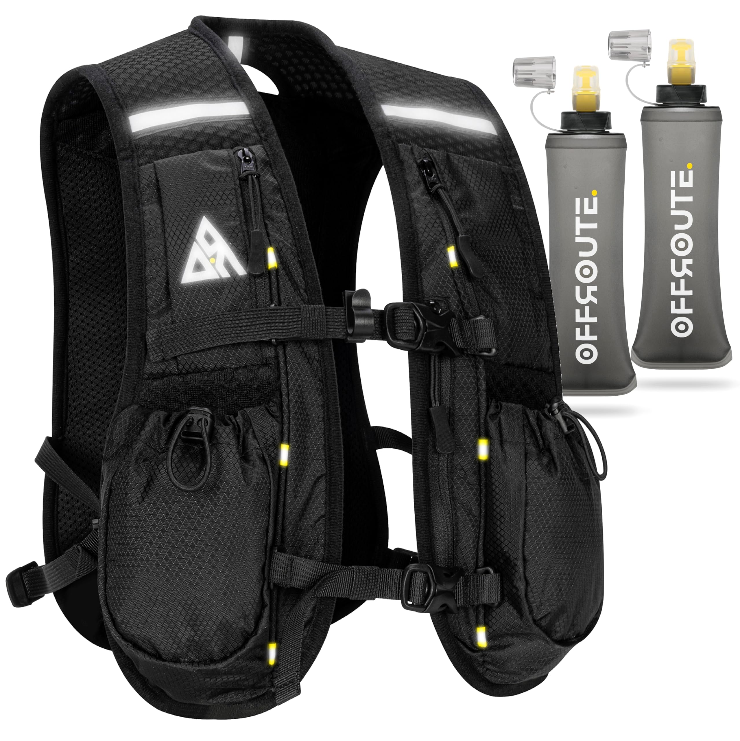 OFFROUTE Running Vest - Hydration Vest with Water Bottle -Adjustable Unisex Reflective Vest with Phone Holder and Storage - Lightweight and Durable Running Backpack
