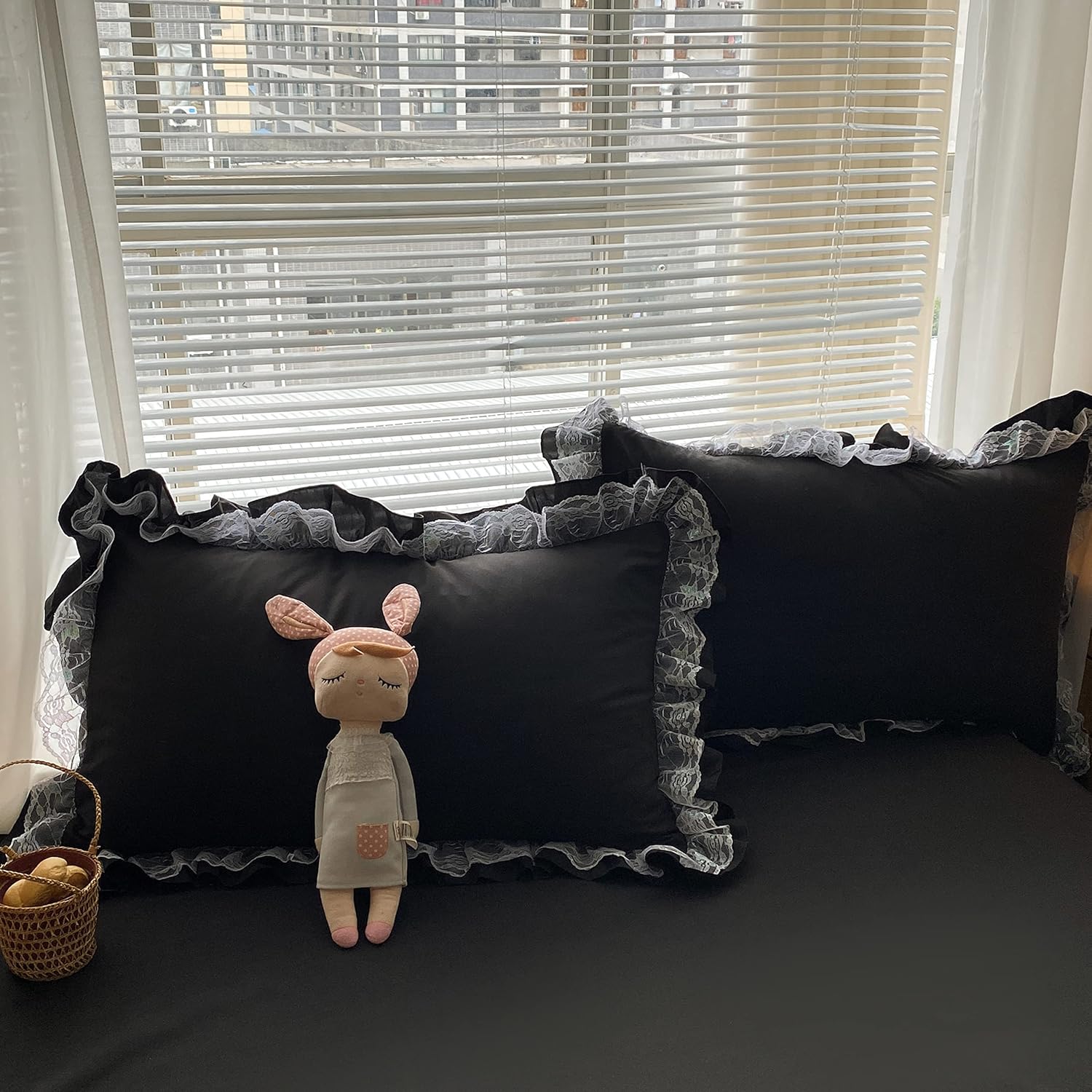 MOOWOO Chic Ruffle Lace Polyester Duvet Cover Set -Girl Black Bedding-3 Piece Queen Duvet Cover with Zipper Closure -Ultra Soft and Light Weight(Black, Queen)-NO Including Comforter