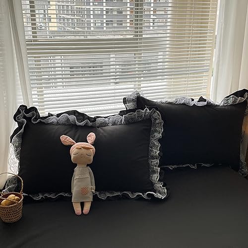Miniatura 3 de MOOWOO Elegante juego de funda de edredón de poliéster y encaje con volantes, ropa de cama negra de lujo de alta calidad, funda de edredón de 2
