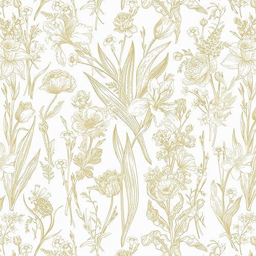 Miniatura 10 de Dimoon Papel tapiz floral de 78.7 x 17.3 pulgadas, papel de contacto blanco dorado con mariposa, hoja gruesa, impermeable, vintage, autoadhesivo,