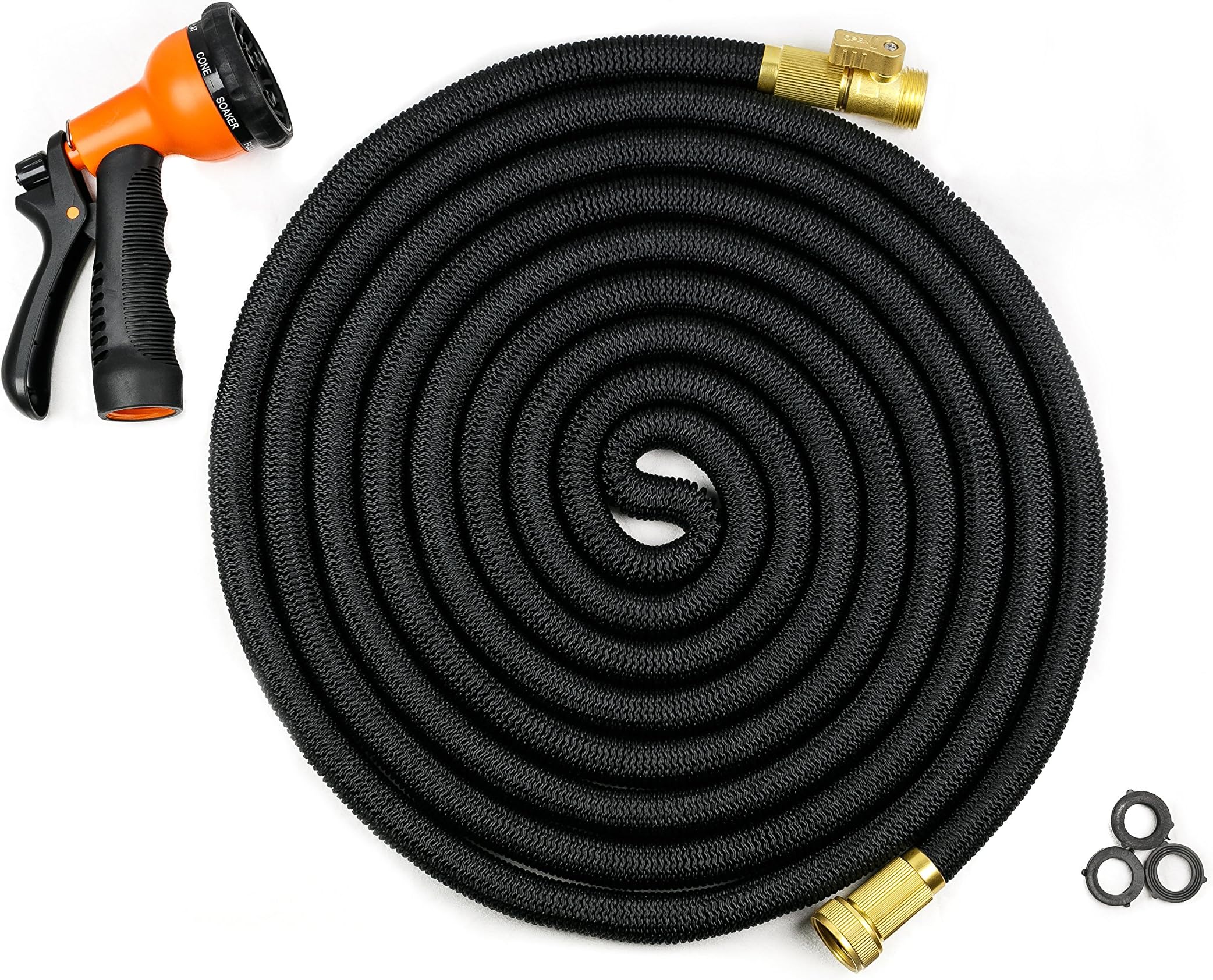 Expandable Garden Hose with Solid Brass Connectors, On/Off Valve, Triple Layer Latex Core and 8-Function Spray Nozzle (50-Feet, Black)