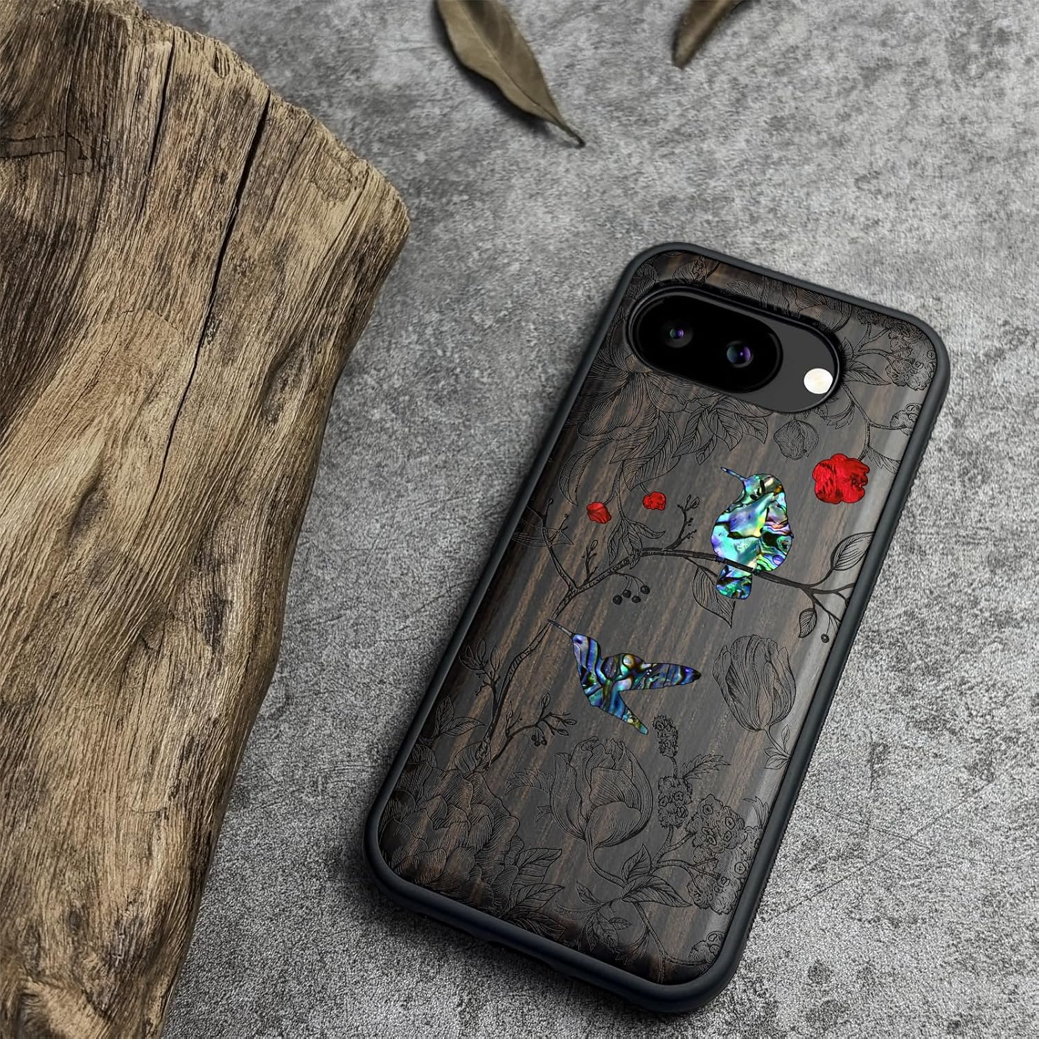 Carveit Magnetic Wooden Case for Google Pixel 10a Case, Wood Artisan Engraved & Handmade Shell Inlaid, Compatible with MagSafe Wireless Chargers (A Dance of Flora and Avian) Blackwood