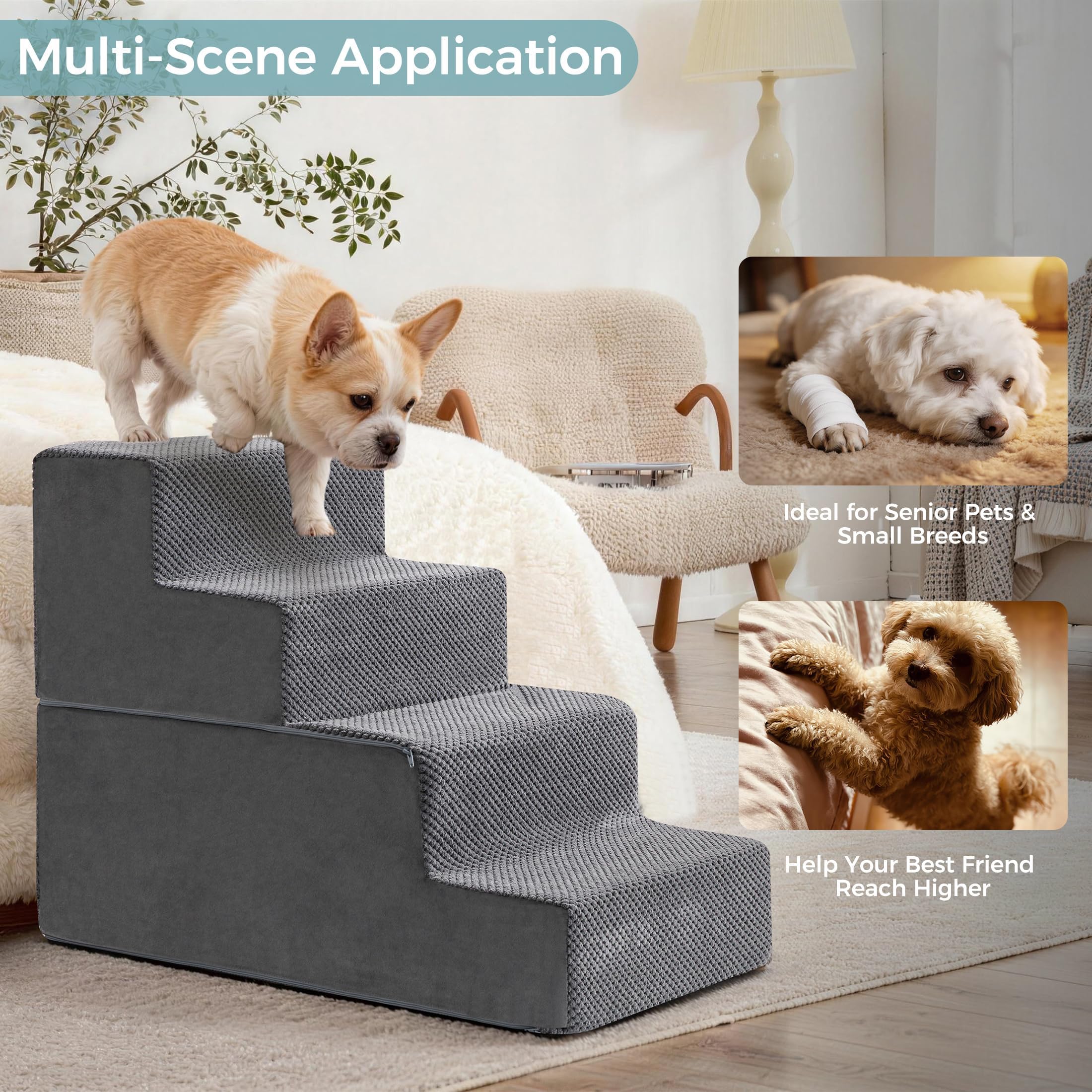 Escalier pour Chien et Rampe pour Lit Haut & Canapé, 33-61cm Escalier Amovible pour Chiens Petits et Moyens, Mousse 40D Robuste, Antidérapant, Lavable, avec Rouleau Anti-Poils, Gris