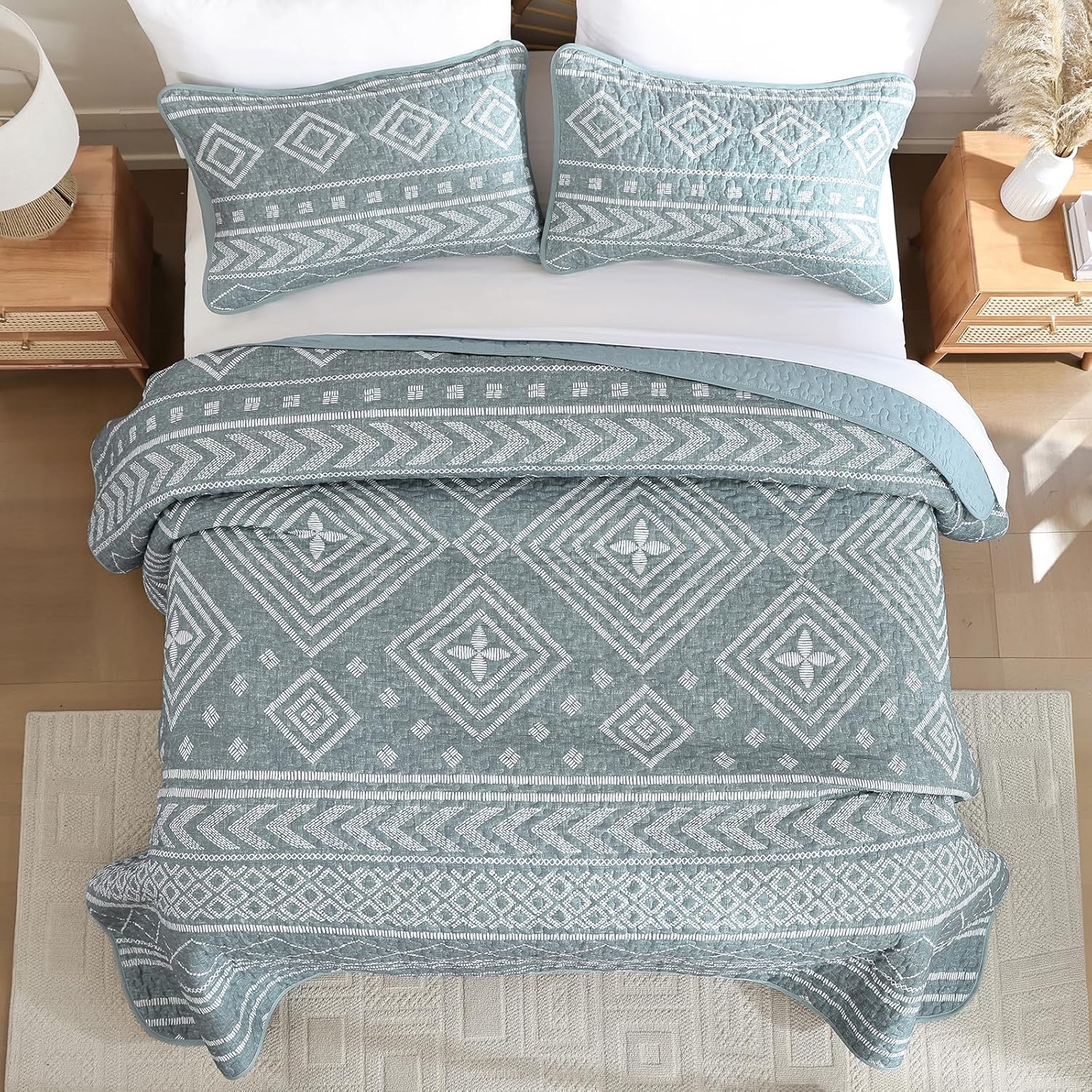 Yiran Grayish Blue Boho Quilt Set Queen Size, Stripe Bedspreads Bedding Set, Aztec Bohemian Lightweight Coverlet Set with 2 Shams for Bed 96x90 Inch - Image 3
