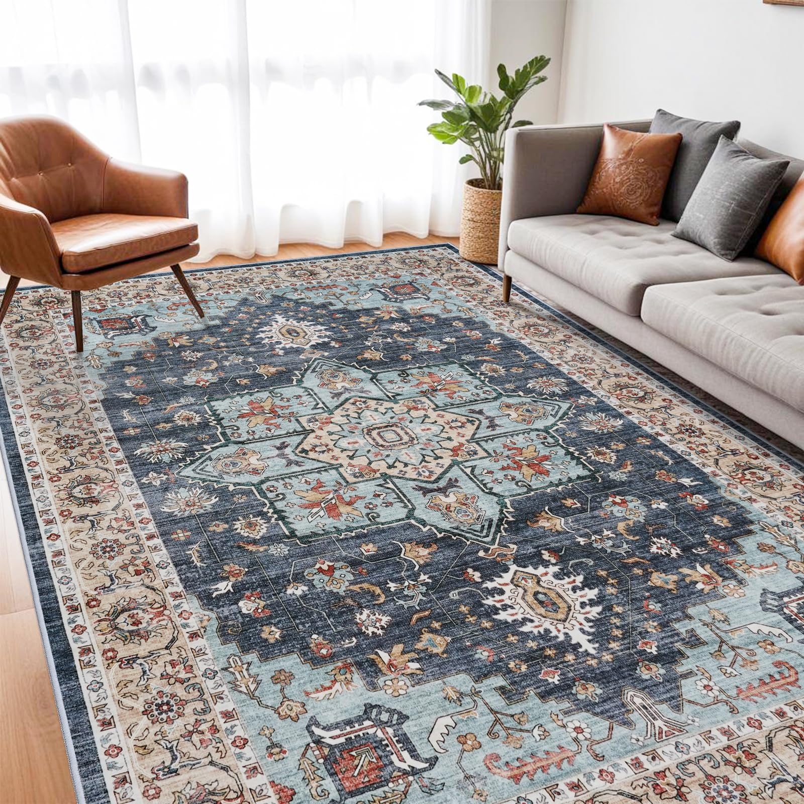 DMOYEST Area Rug Living Room Rugs - 7x9 Washable Large Soft Indoor Neutral Modern Abstract Low Pile Rug Carpet For Bedroom Dining Room Farmhouse Home Office - Navy Blue