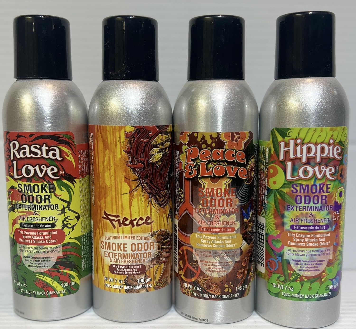 Smoke Odor Exterminator 198 gm/ 7 oz Large Spray Rasta Love Set of Four Cans. Assortment (4) Includes Rasta Love, Fierce, Hippie Love and Peace & Love.