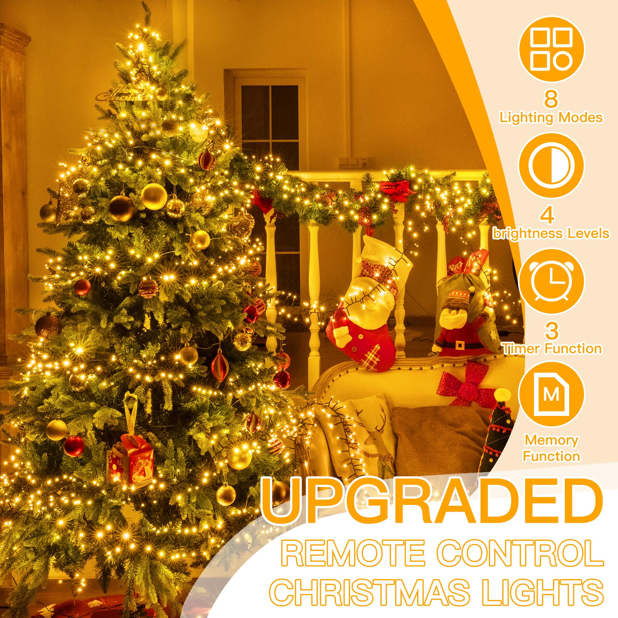 Ollny Outdoor Cluster Christmas Lights - 15m 1000LEDs Xmas Tree Fairy Lights Mains Powered Plug in with 8 Modes/Timer/Remote, Bright Waterproof String Lights for Garland Outside Indoor Decoration - Image 3