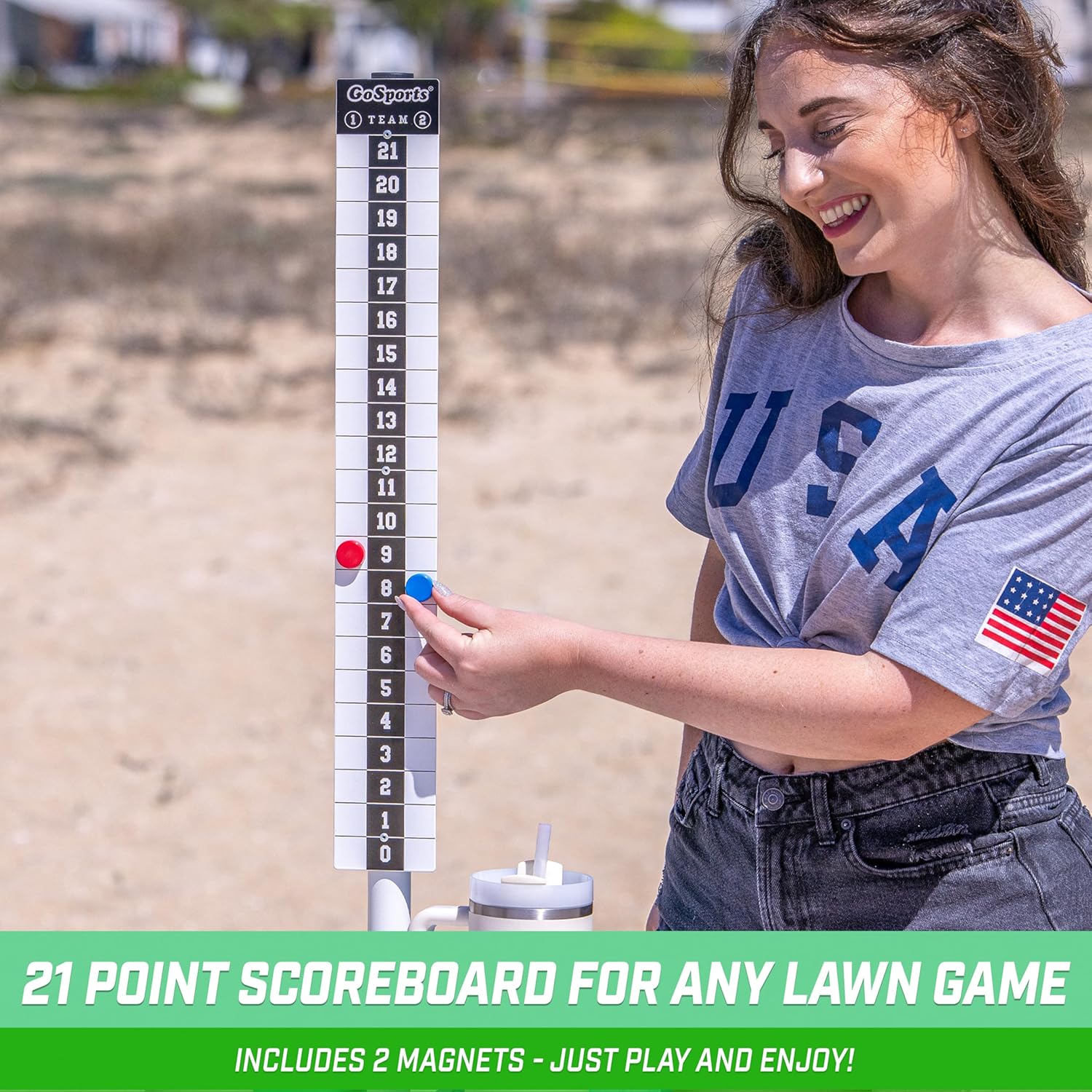 GoSports All Weather Metal Cornhole Scoreboard with Drink Holders - Black or White - Magnetic Outdoor Score Keeper for Yard Games - Set of 2 ScoreCaddy Tables