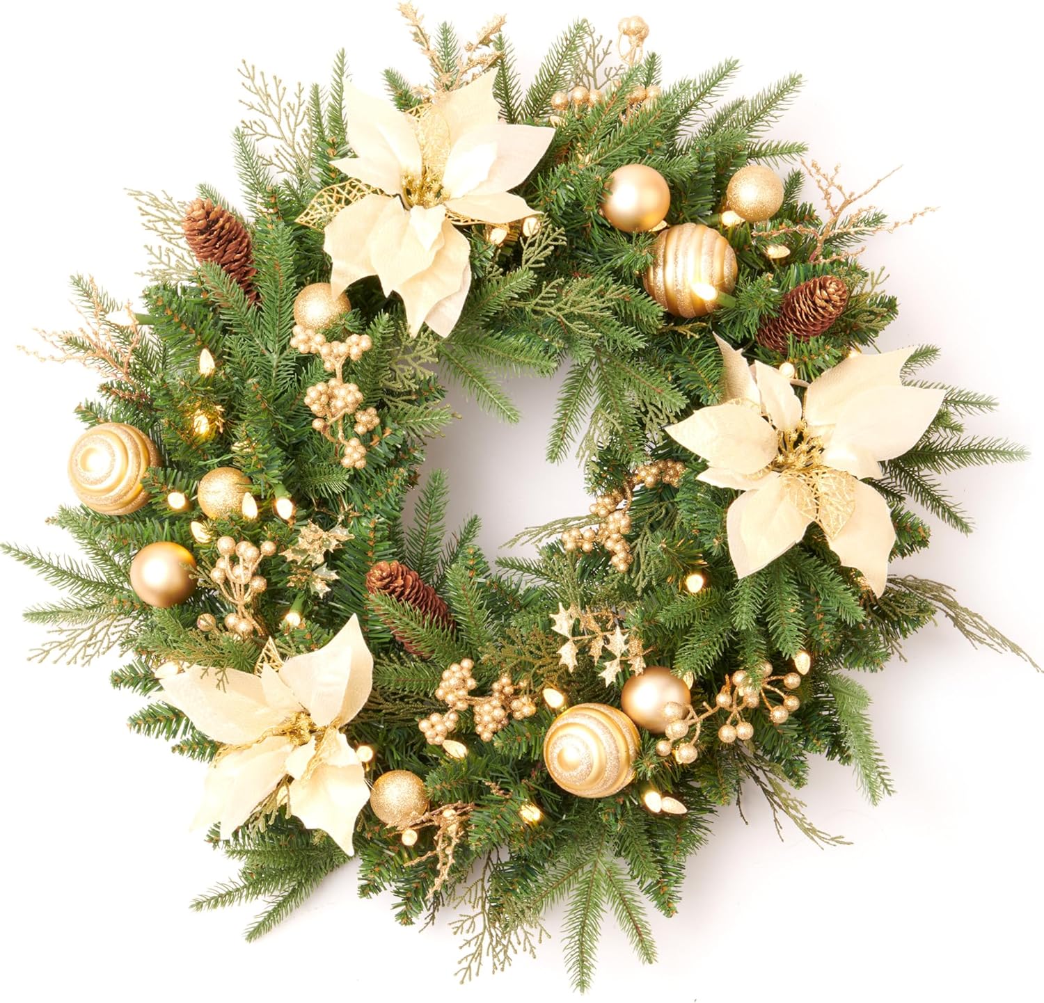Pre-lit Christmas Wreath with Pine Cones Gold Balls,Gold Berries and Gold Flowers,24 Inch 50 Battery Operated LED Lights,Holiday Decoration for Front Door Outdoor