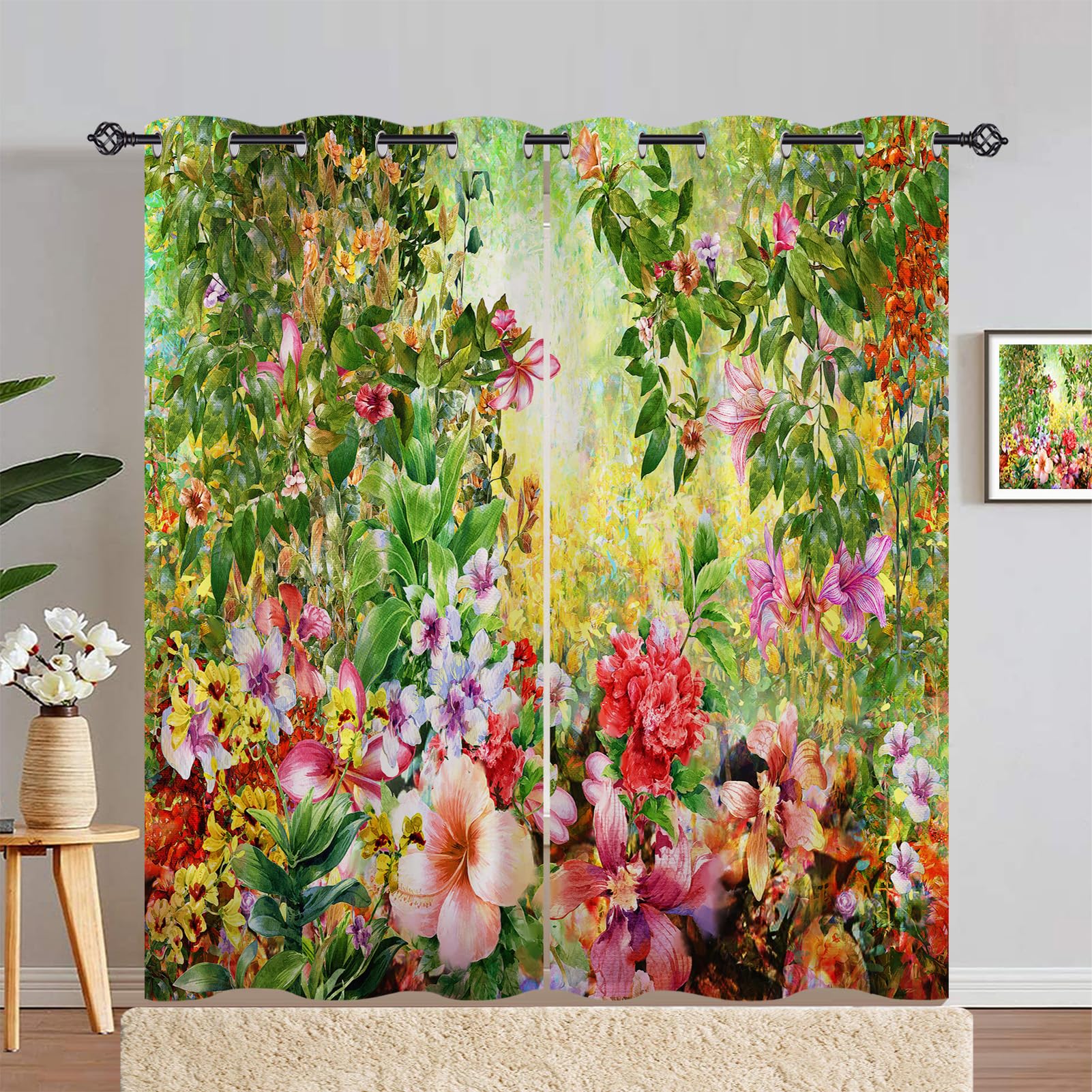 ANHOPE Floral Curtains Eyelet Soft Thermal Insulated Blackout Curtains Abstract Colorful Watercolor Flower Print Pattern Ring Top Window Drapes for Bedroom Living Room 55 x 84 Inch Drop 2 Panels