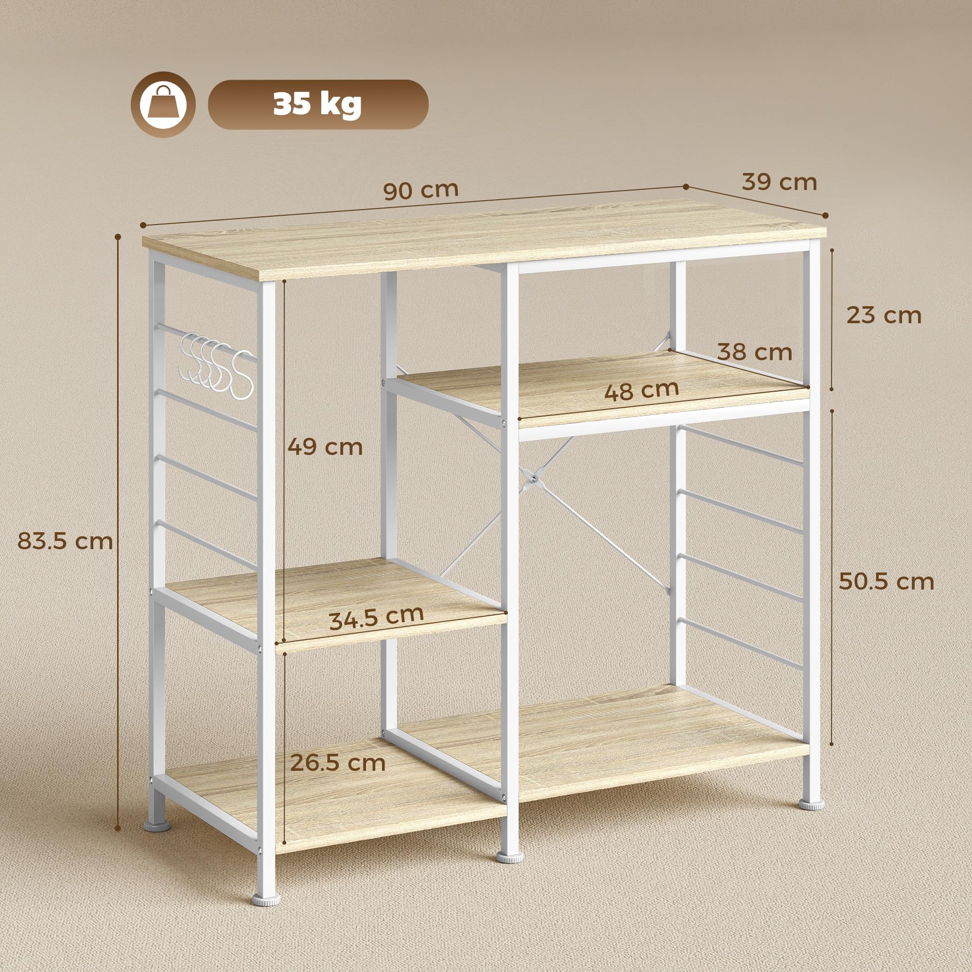 HOMCOM Scaffale Cucina con Ripiani, Scaffale Portaoggetti Salvaspazio in Legno e Metallo con 5 Ganci a S e Piedini Regolabili, per Spezie, Pentole e Padelle, 90x39x83.5 cm, Rovere