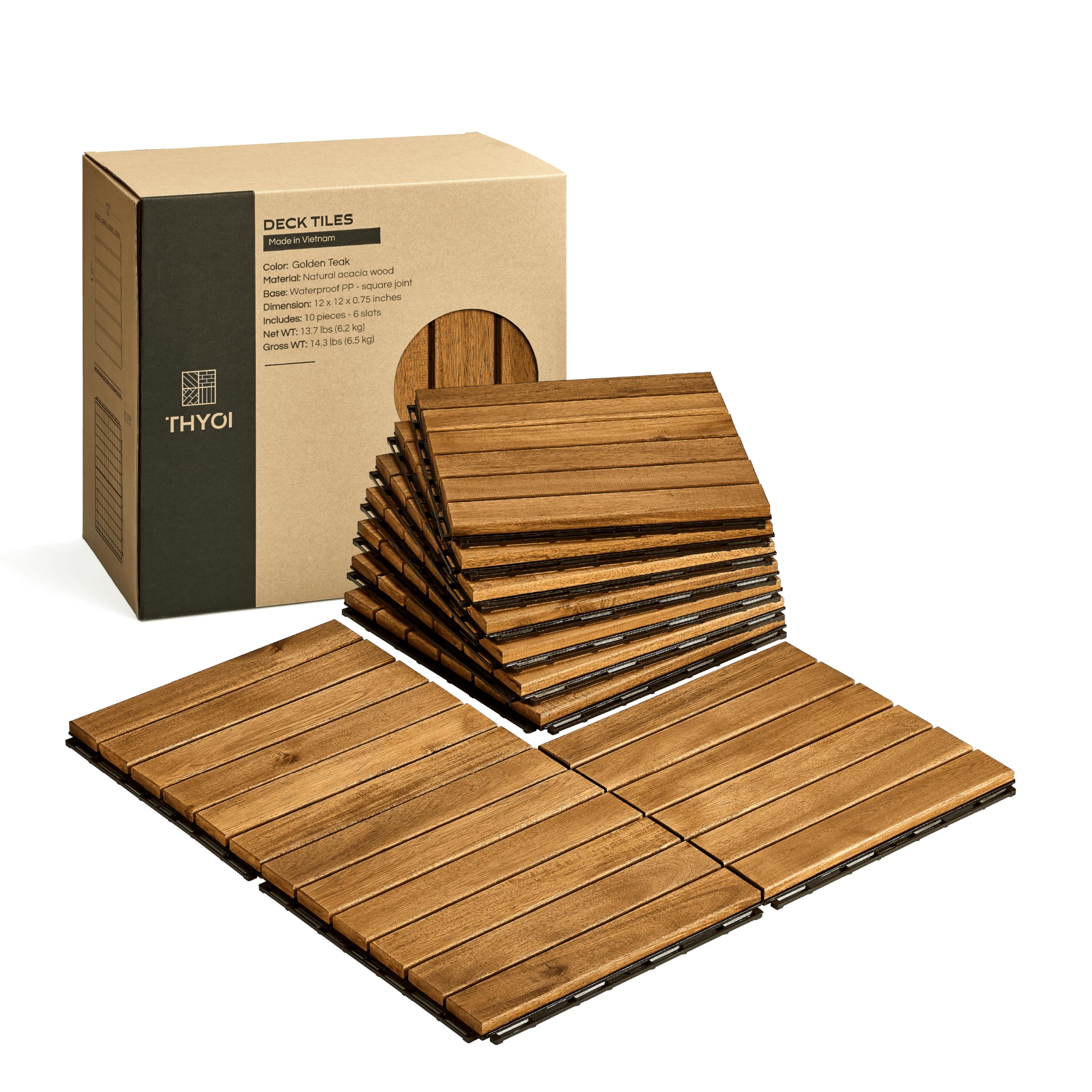 Deck Tiles, Patio Flooring - Outdoor Waterproof Acacia Wood Tiles for All Weather Use - Balcony, Backyard, Indoor & Outdoor (Golden Teak Striped Pattern, 10 Pcs - 10 Square Ft)