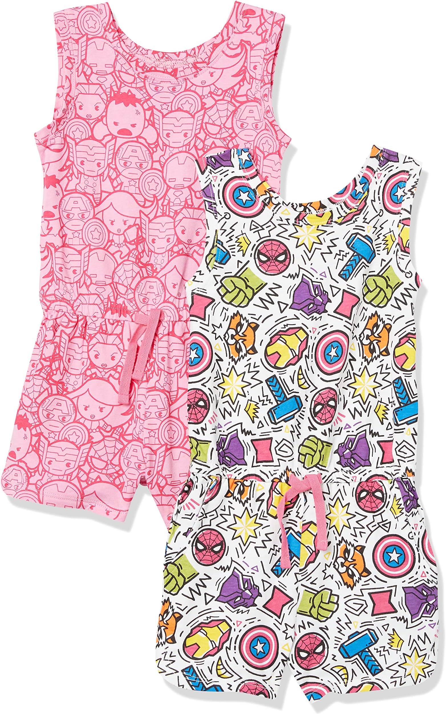 Amazon Essentials Disney | Marvel | Star Wars | Frozen | Princess Girls and Toddlers' Knit Sleeveless Rompers, Pack of 2