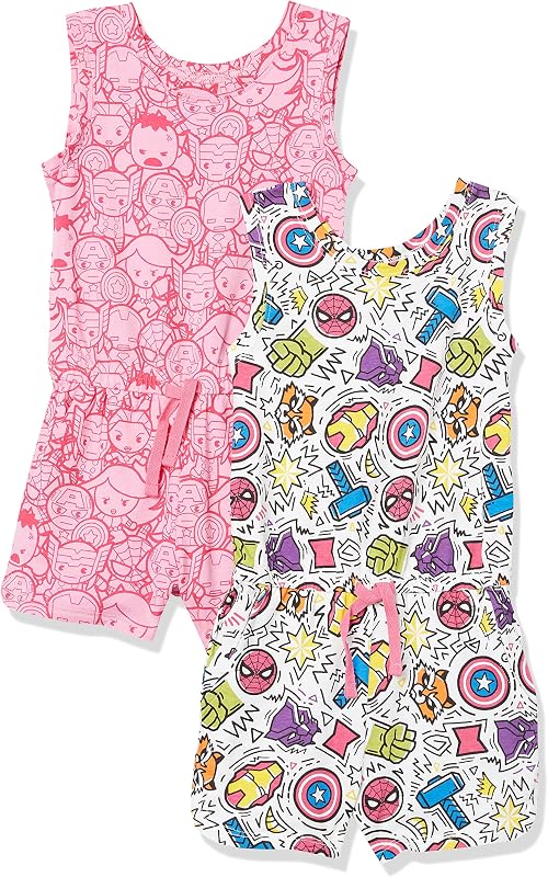 Amazon Essentials Disney | Marvel | Star Wars | Frozen | Princess Girls and Toddlers' Knit Sleeveless Rompers, Pack of 2