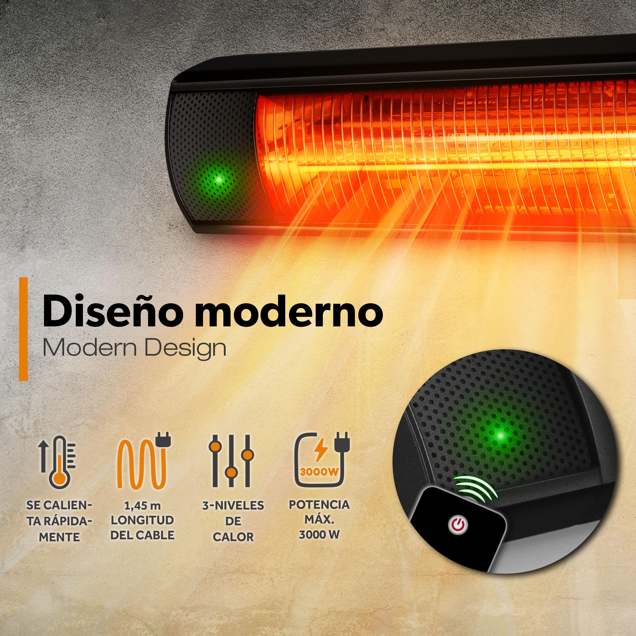 TRESKO Calefactor por Infrarrojos de Pared | 3000W + Control Remoto | Estufa Radiante con 3 Temperaturas | Radiador Eléctrico para Exterior e Interior | Calentador de Cuarzo (Negro)