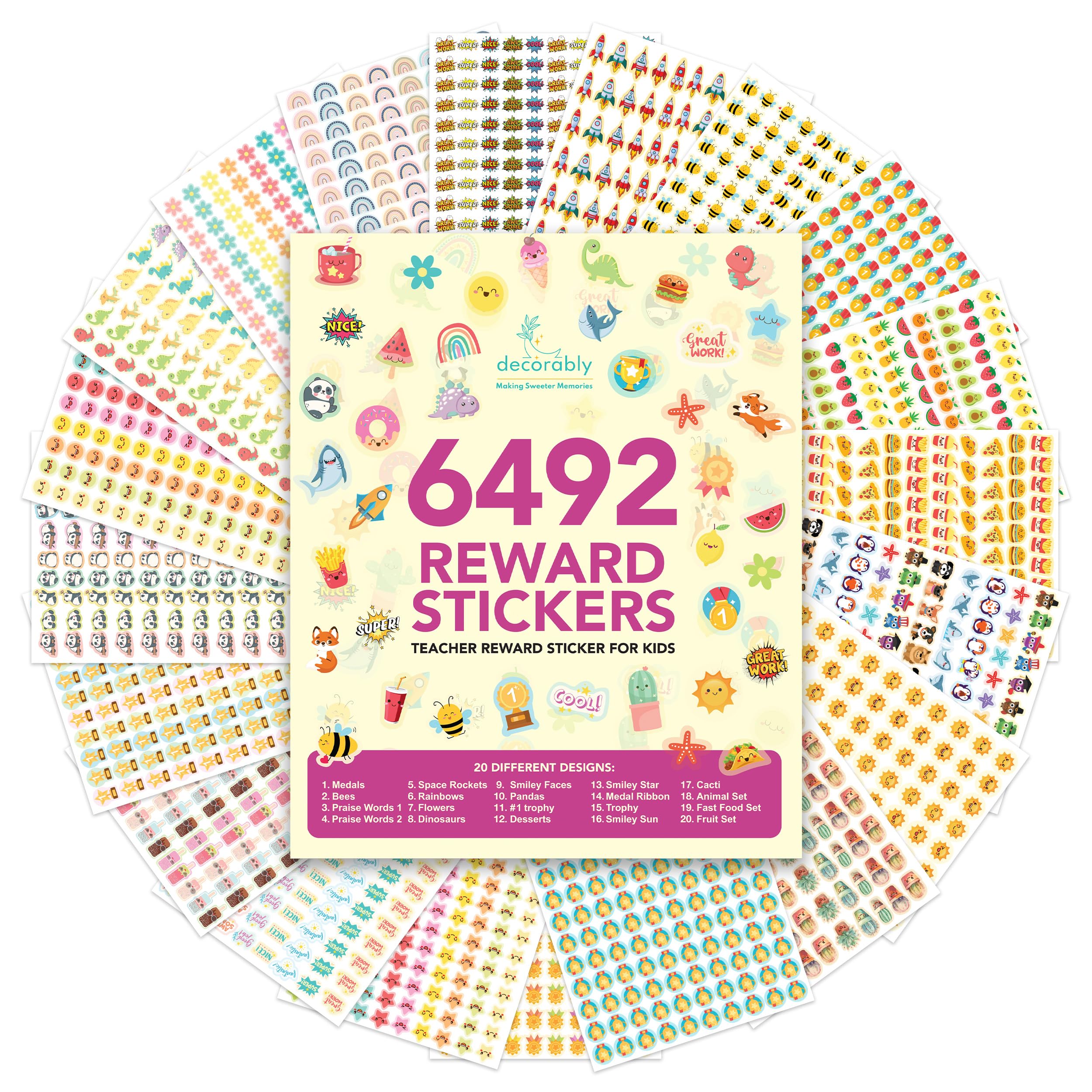 Decorably 6.492 Pastell-sortierte Belohnungsaufkleber für Kinder – 60 Aufkleberbögen, kleine Aufkleber für Kinder, Belohnungstabelle, Klassenzimmer-Aktivitäten, positive Verstärkung, Kunst und